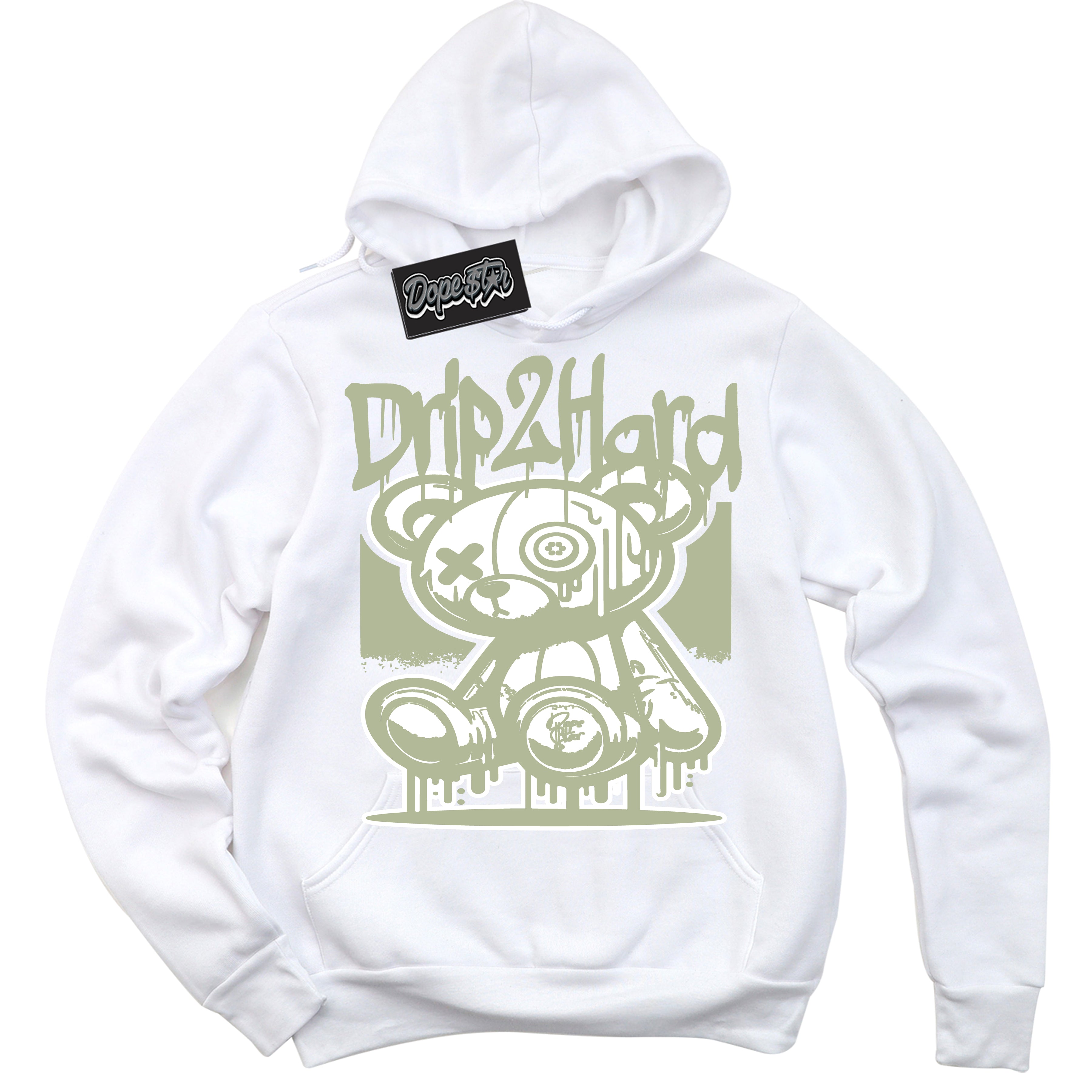 Cool White Hoodie with “ Drip 2 Hard ” design that Perfectly Matches Next Nature Olive Aura Dunks.