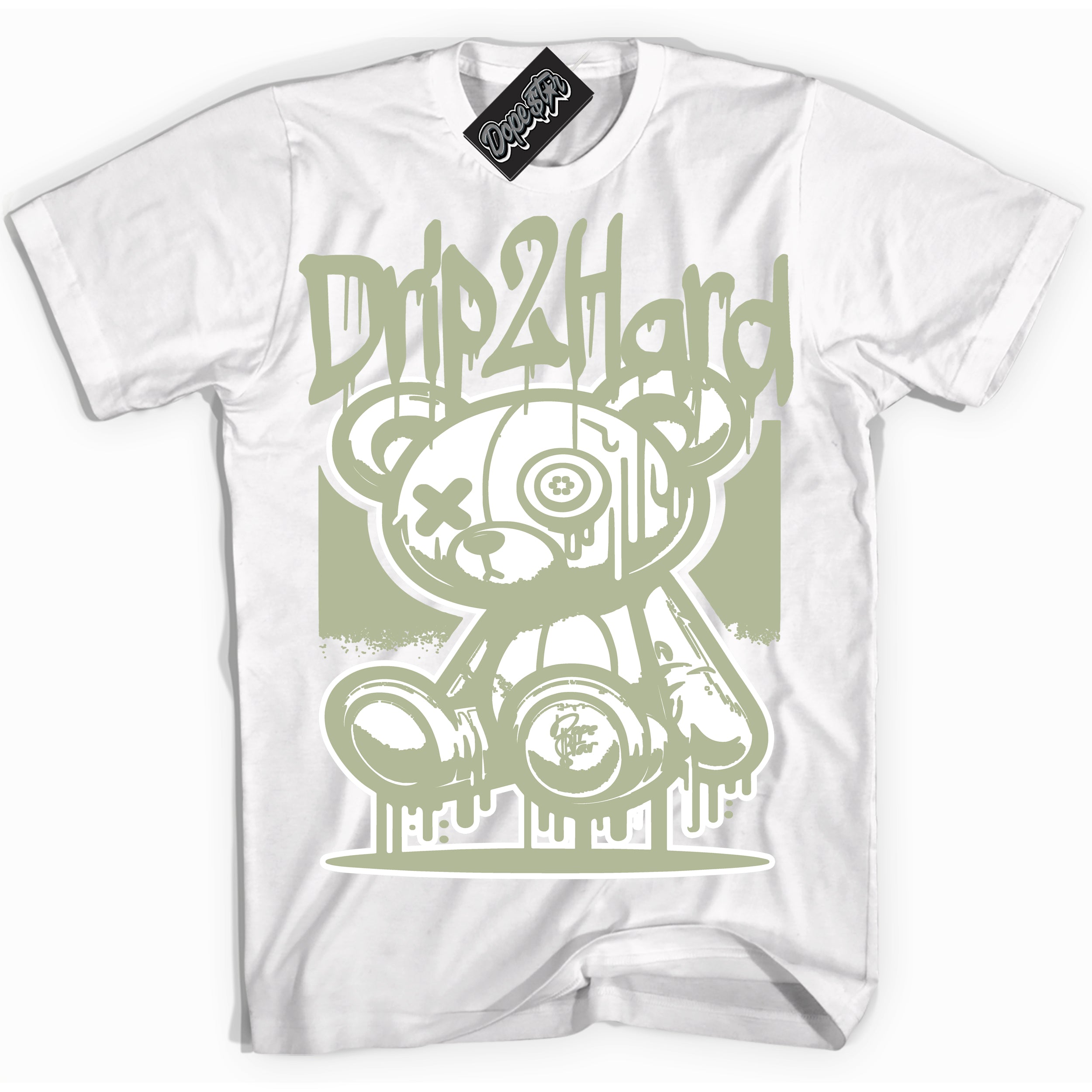 Cool White Shirt with “ Drip 2 Hard ” design that perfectly matches Next Nature Olive Aura Dunks.
