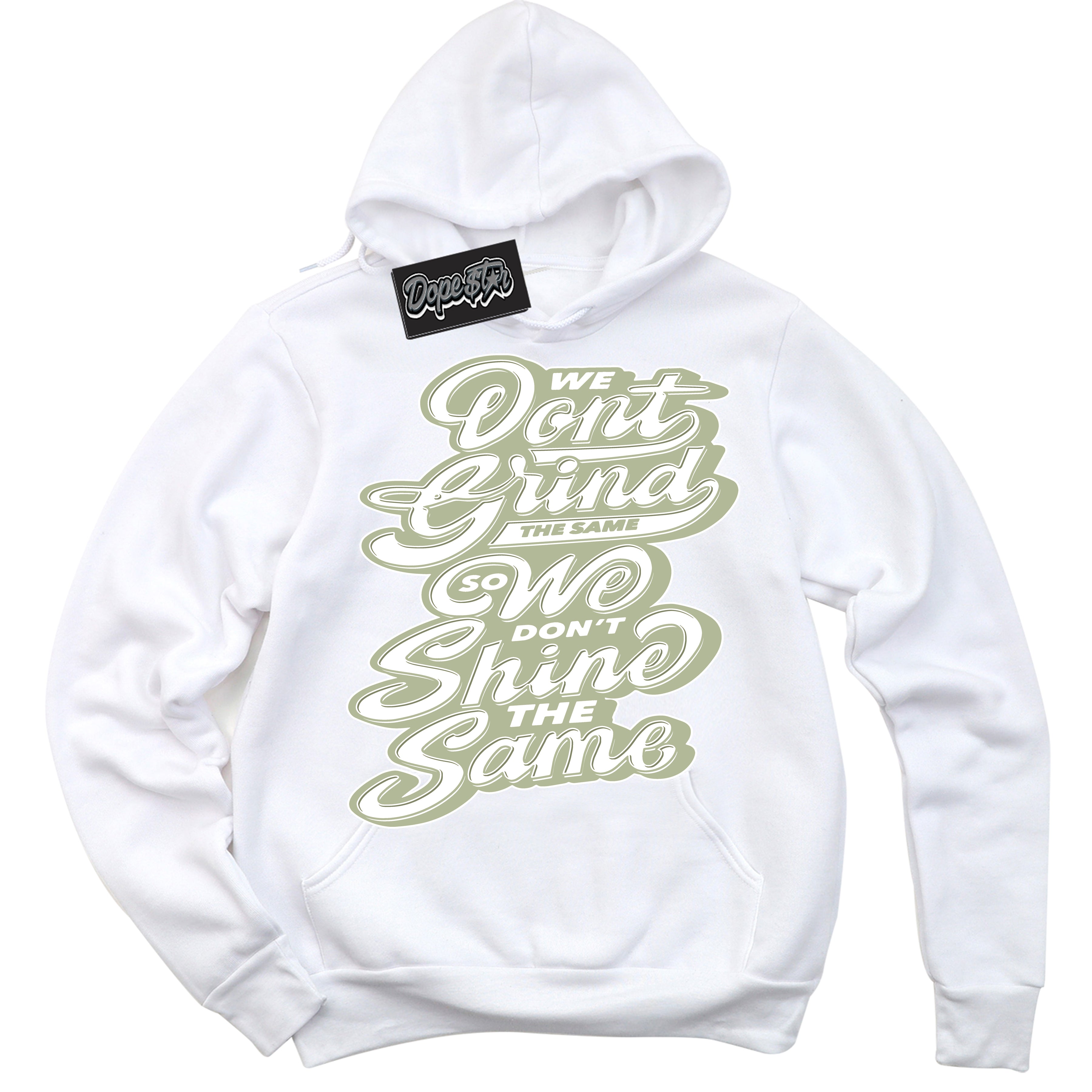 Cool White Hoodie with “ Grind Shine ” design that Perfectly Matches Next Nature Olive Aura Dunks.