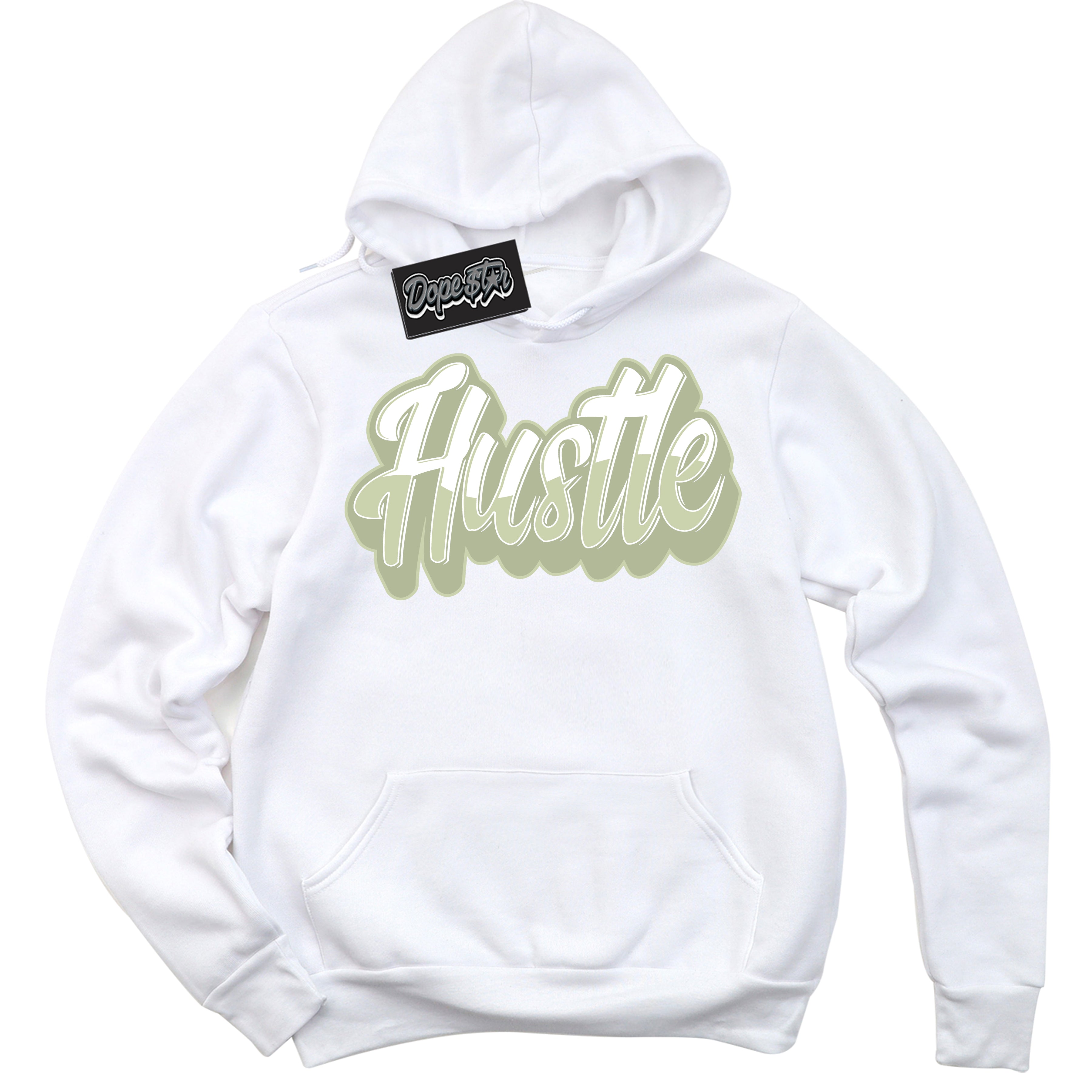 Cool White Hoodie with “ Hustle ” design that Perfectly Matches Next Nature Olive Aura Dunks.
