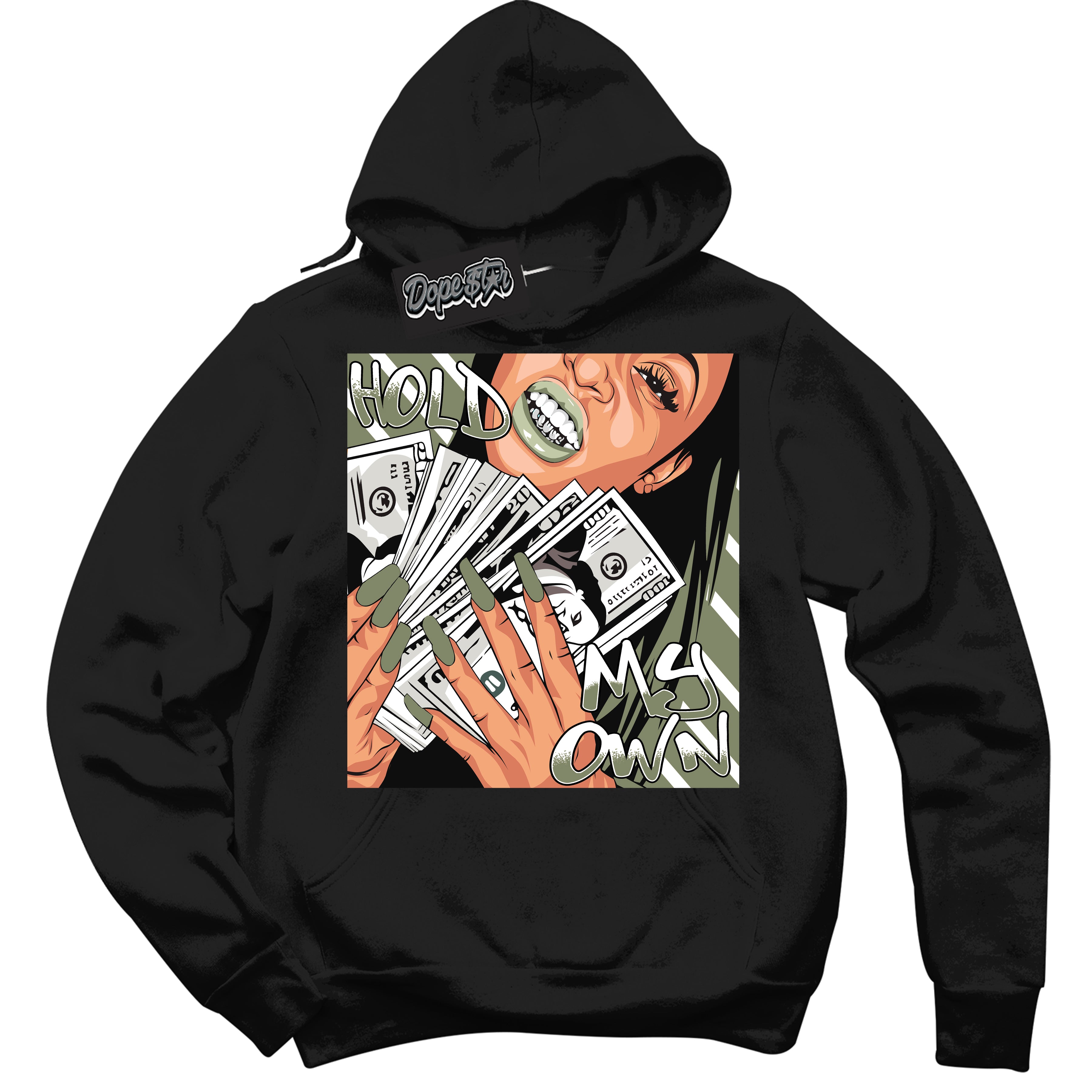 Cool Black Hoodie with “ Hold My Own ” design that Perfectly Matches Next Nature Olive Aura Dunks.