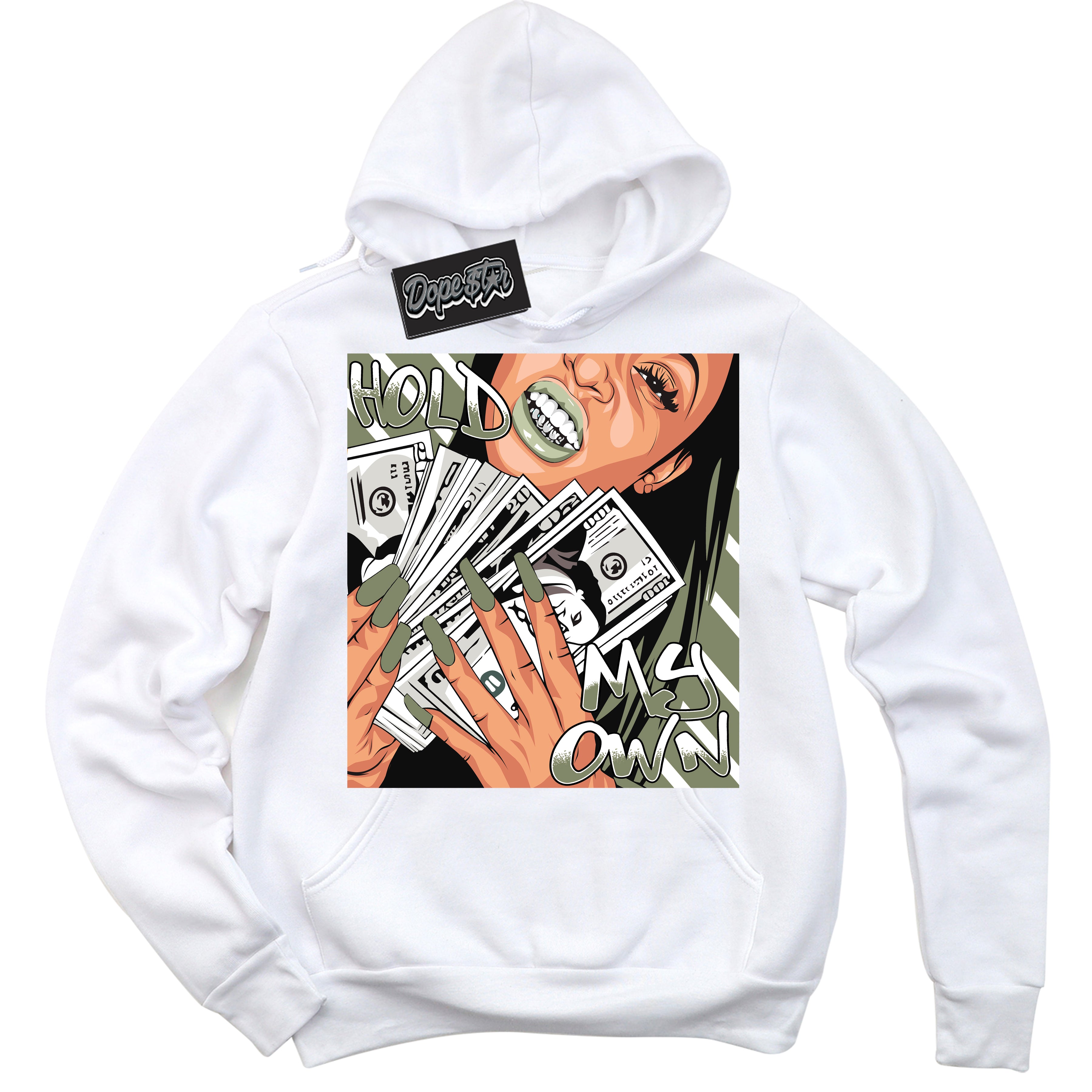 Cool White Hoodie with “ Hold My Own ” design that Perfectly Matches Next Nature Olive Aura Dunks.