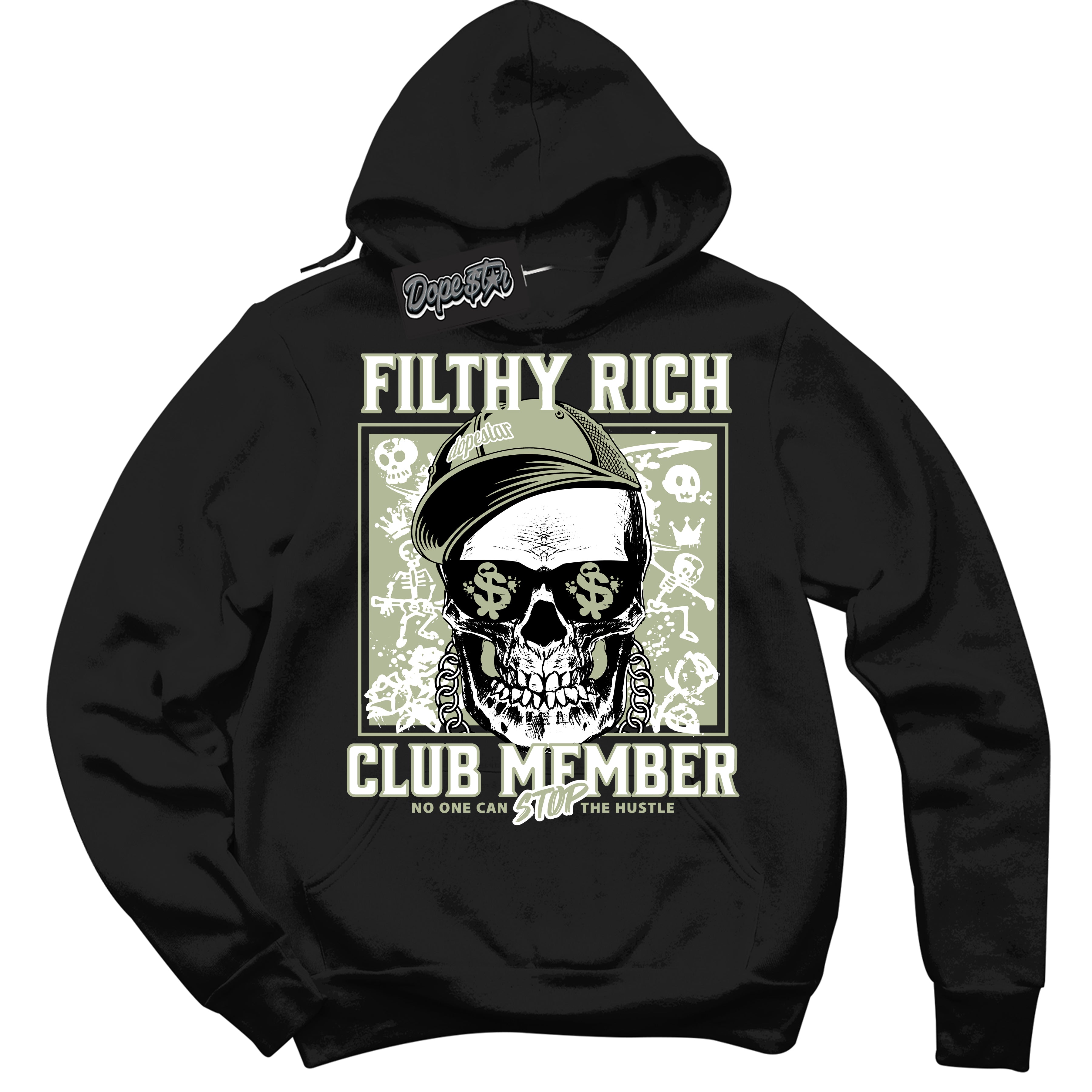 Cool Black Hoodie with “ Filthy Rich ” design that Perfectly Matches Next Nature Olive Aura Sneakers.