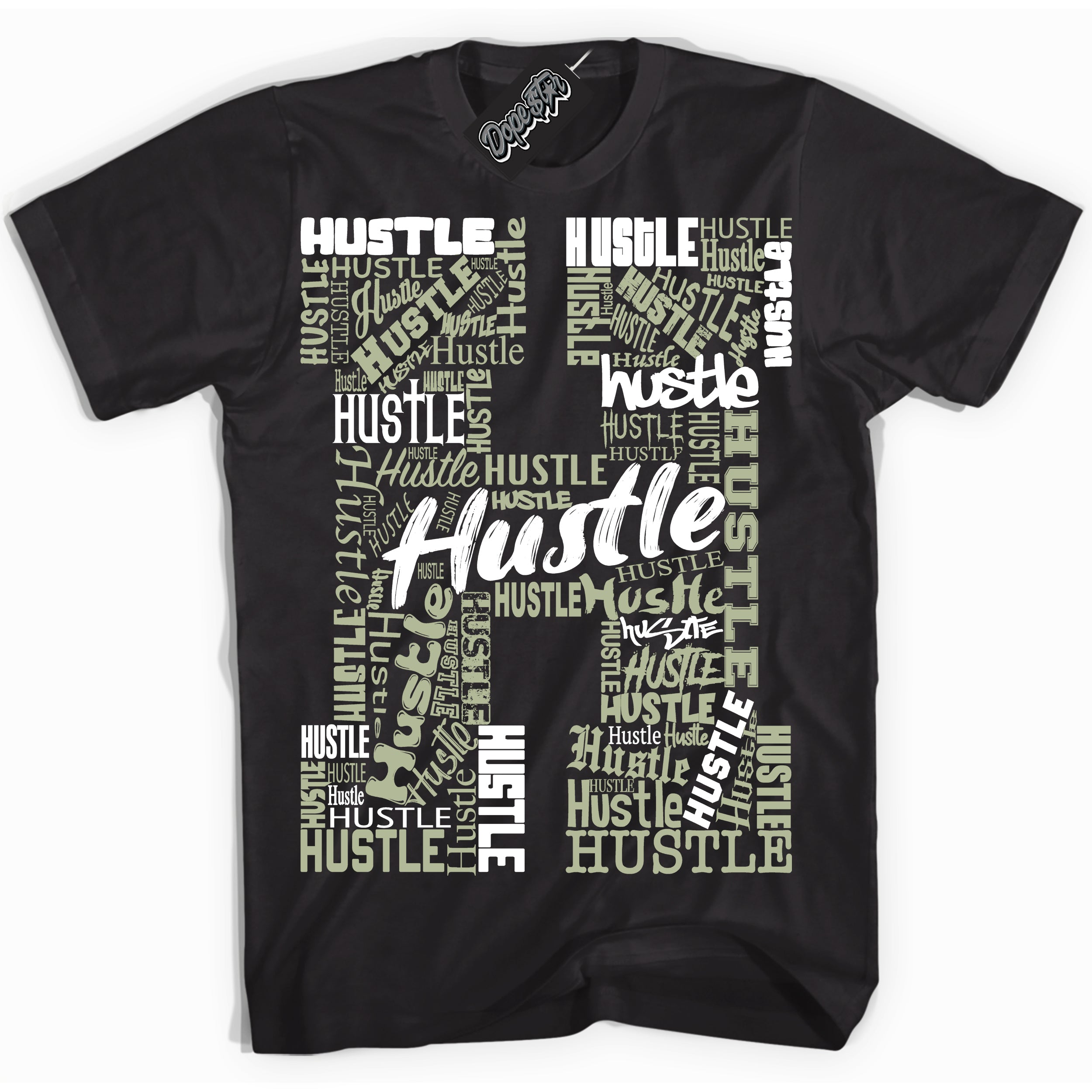 Cool Black Shirt with “ Hustle H ” design that perfectly matches Next Nature Olive Aura Dunks.