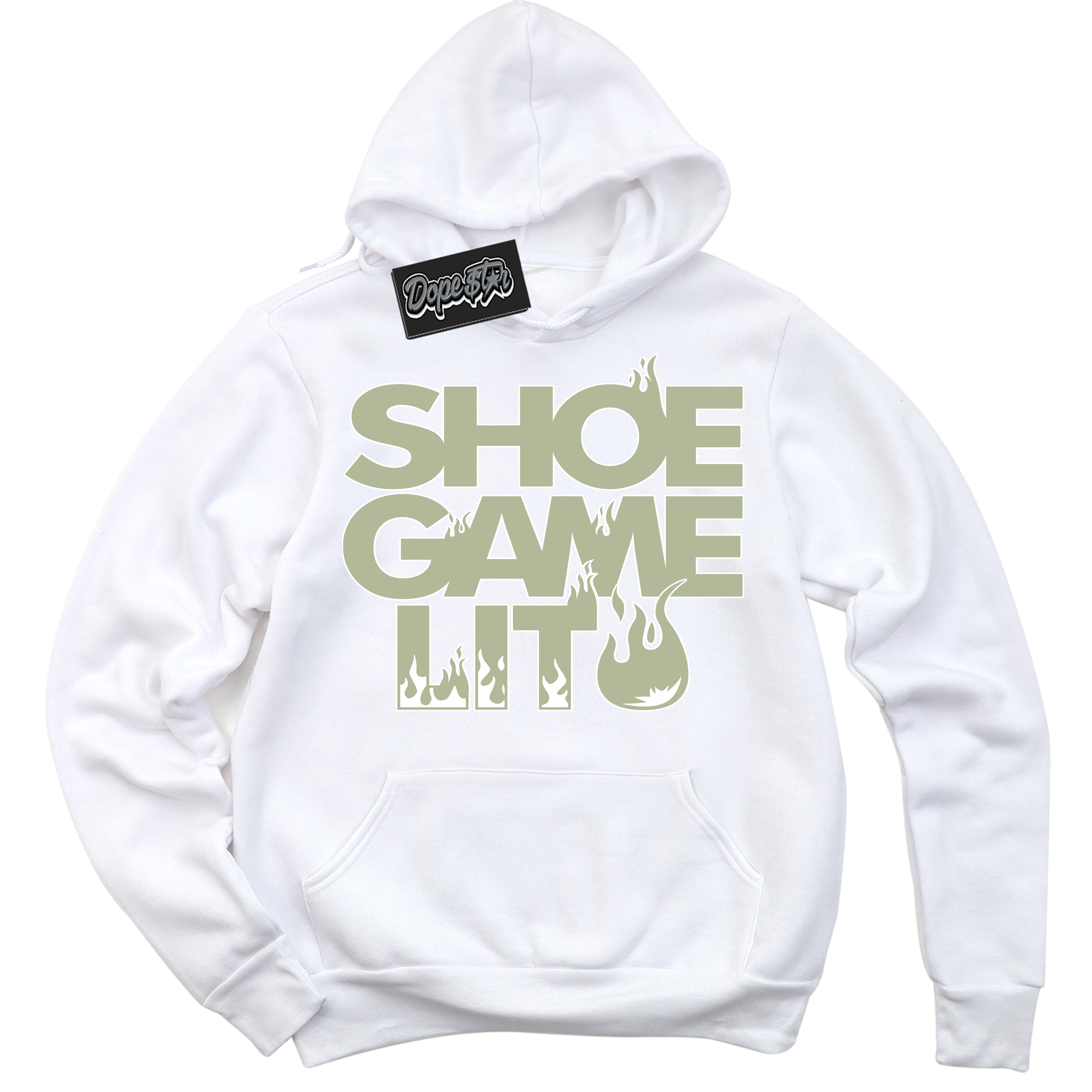 Cool White Hoodie with “ Shoe Game Lit ” design that Perfectly Matches Next Nature Olive Aura Dunks.