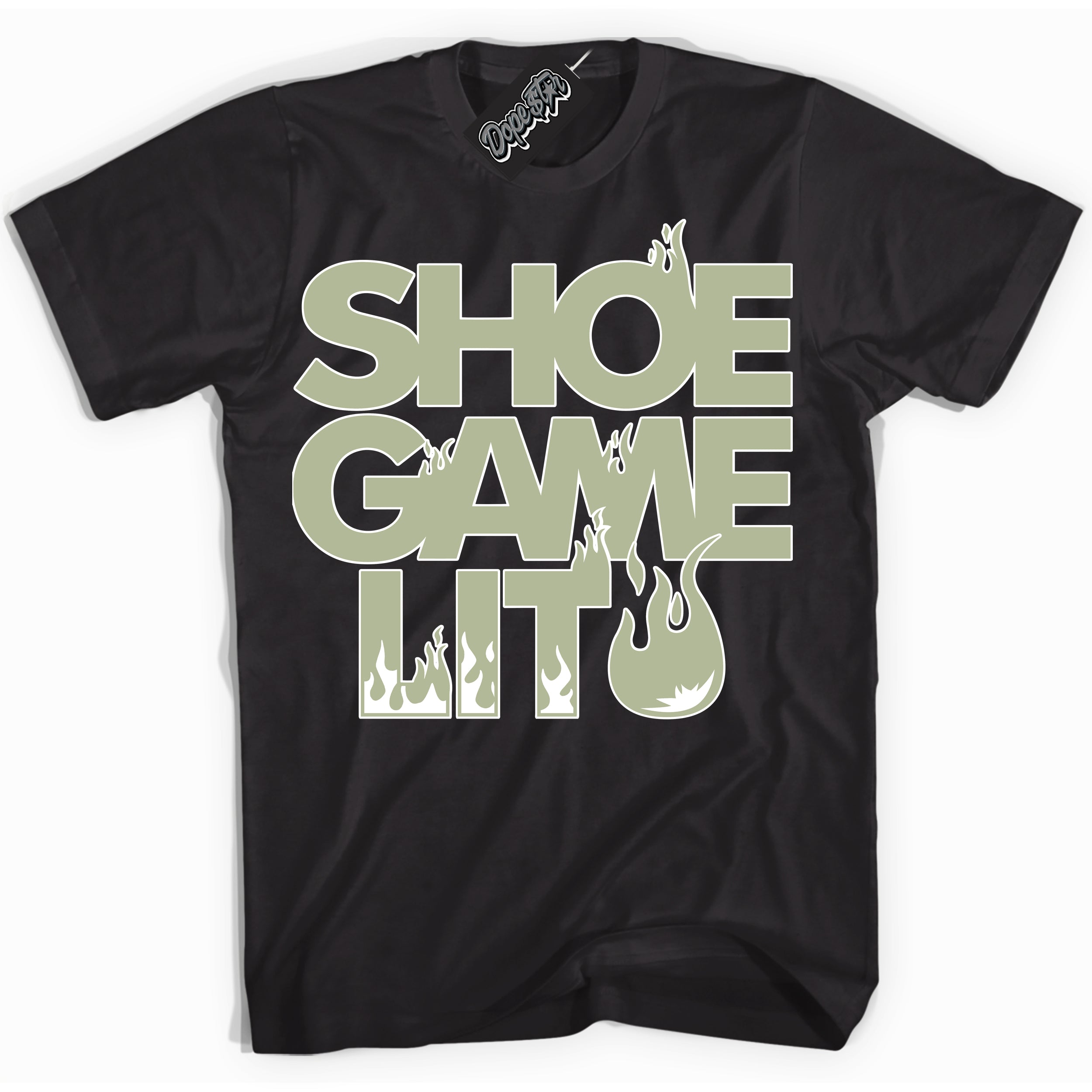 Cool Black Shirt with “ Shoe Game Lit ” design that perfectly matches Next Nature Olive Aura Dunks.