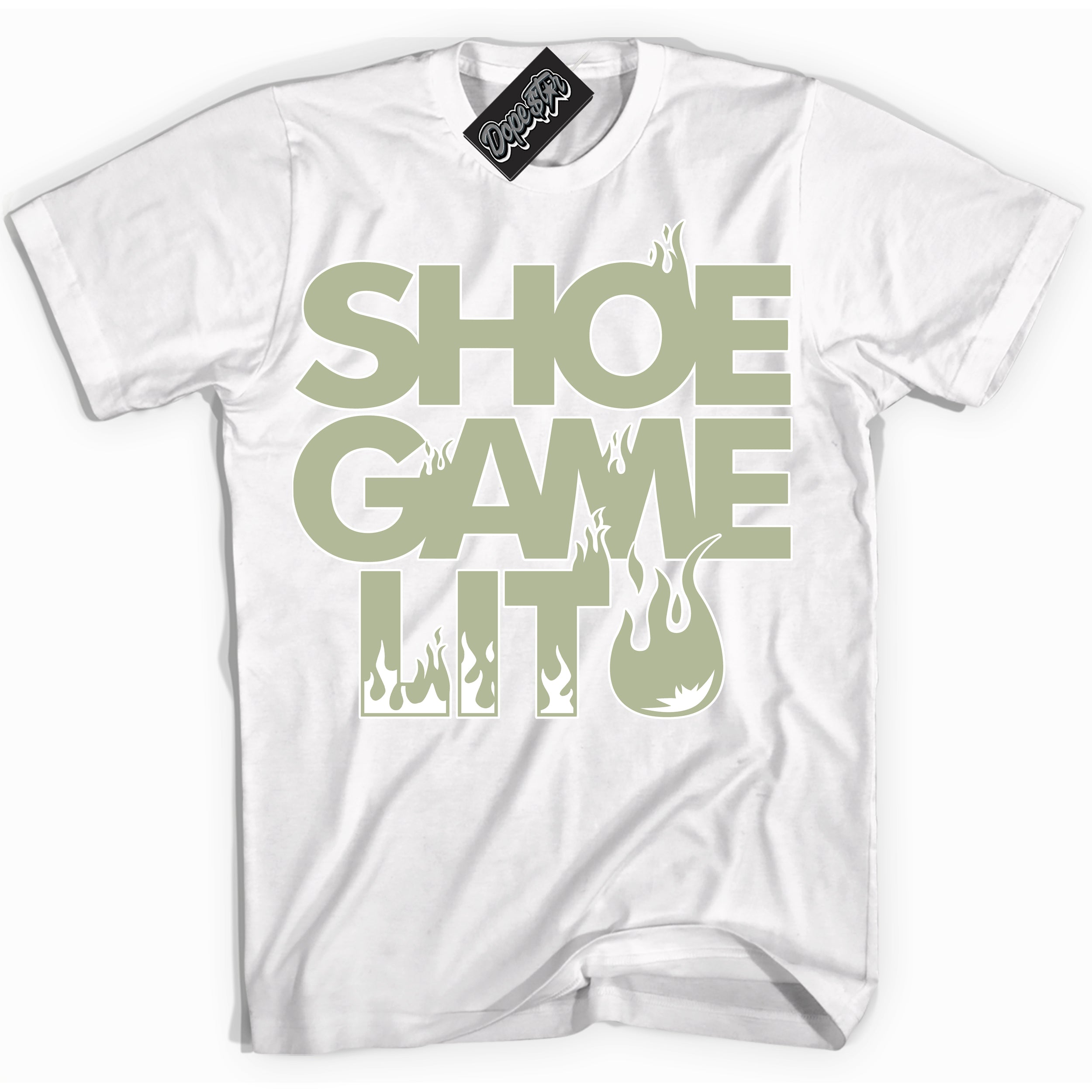 Cool White Shirt with “ Shoe Game Lit ” design that perfectly matches Next Nature Olive Aura Dunks.