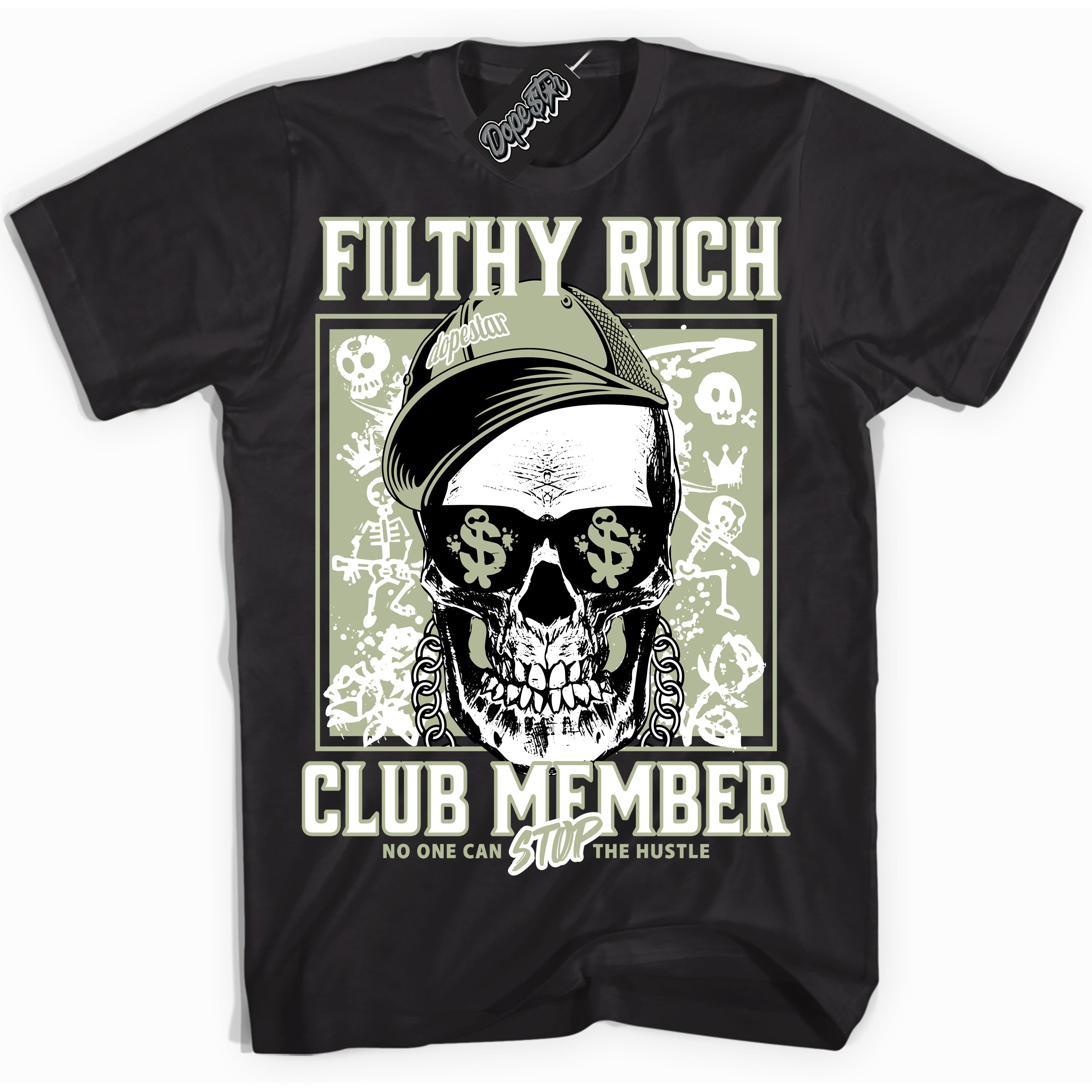 Cool Black Shirt with “ Filthy Rich” design that perfectly matches Next Nature Olive Aura Sneakers.