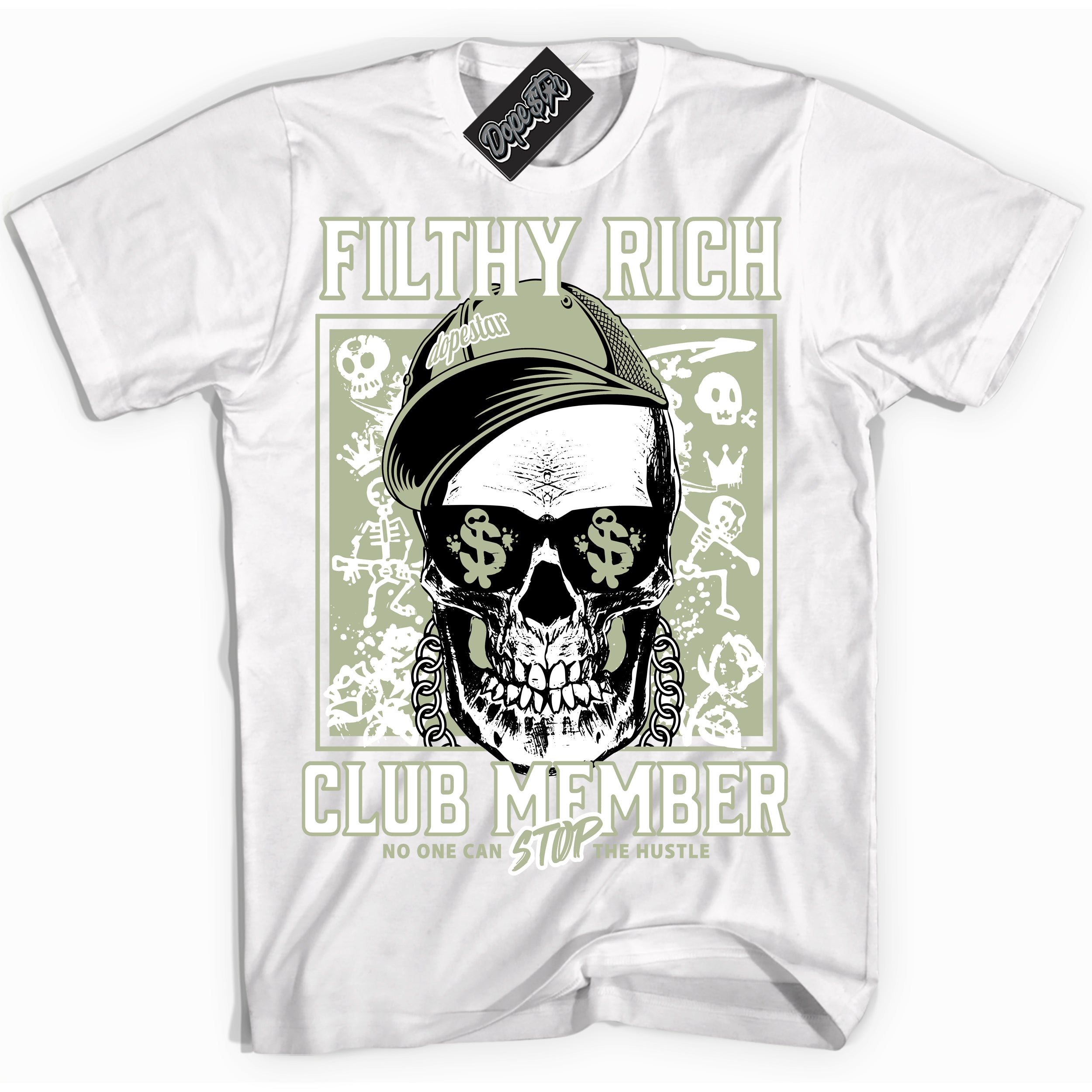 Cool White Shirt with “ Filthy Rich” design that perfectly matches Next Nature Olive Aura Sneakers.