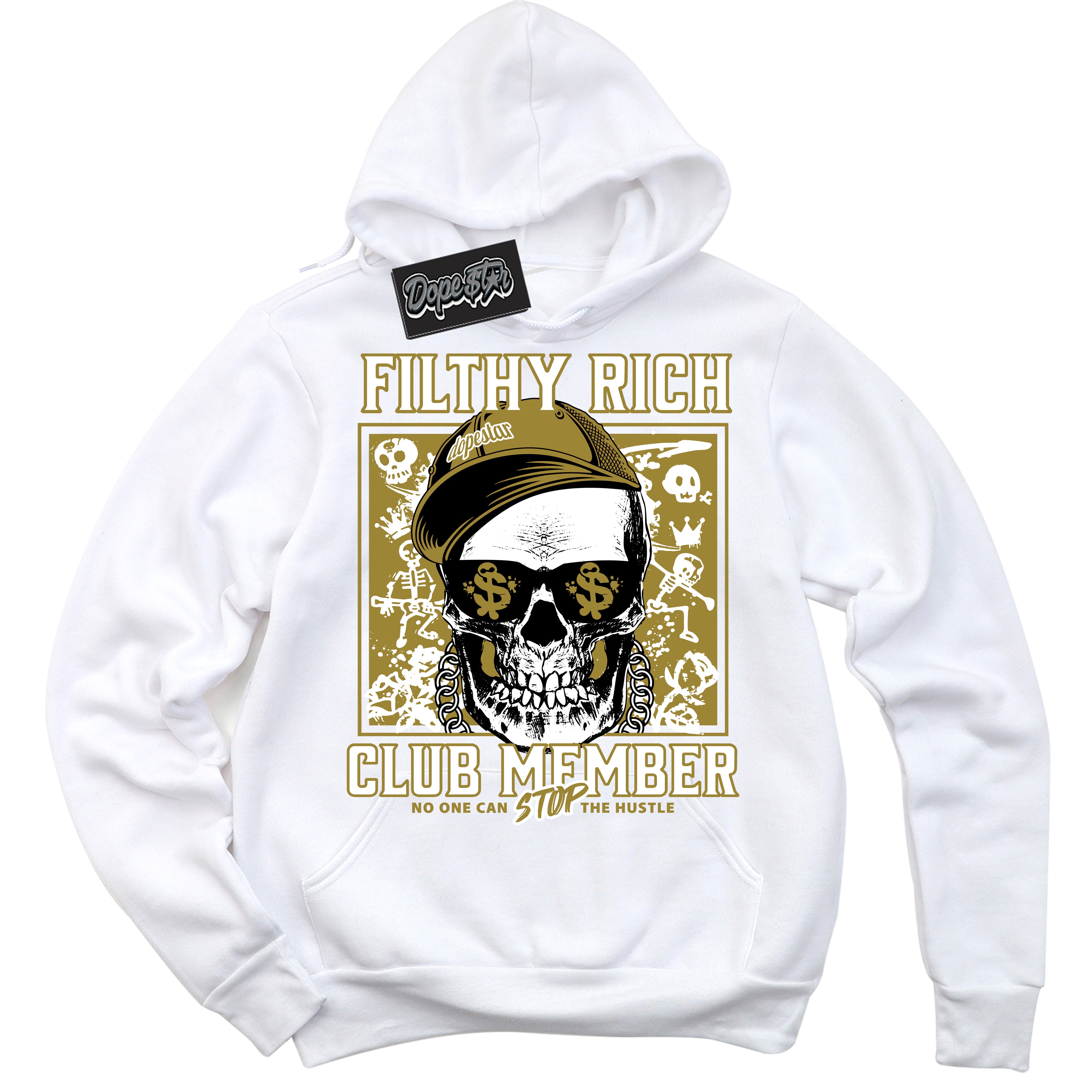Cool White Hoodie with “ Filthy Rich ” design that Perfectly Matches Pacific Moss Dunk Sneakers.