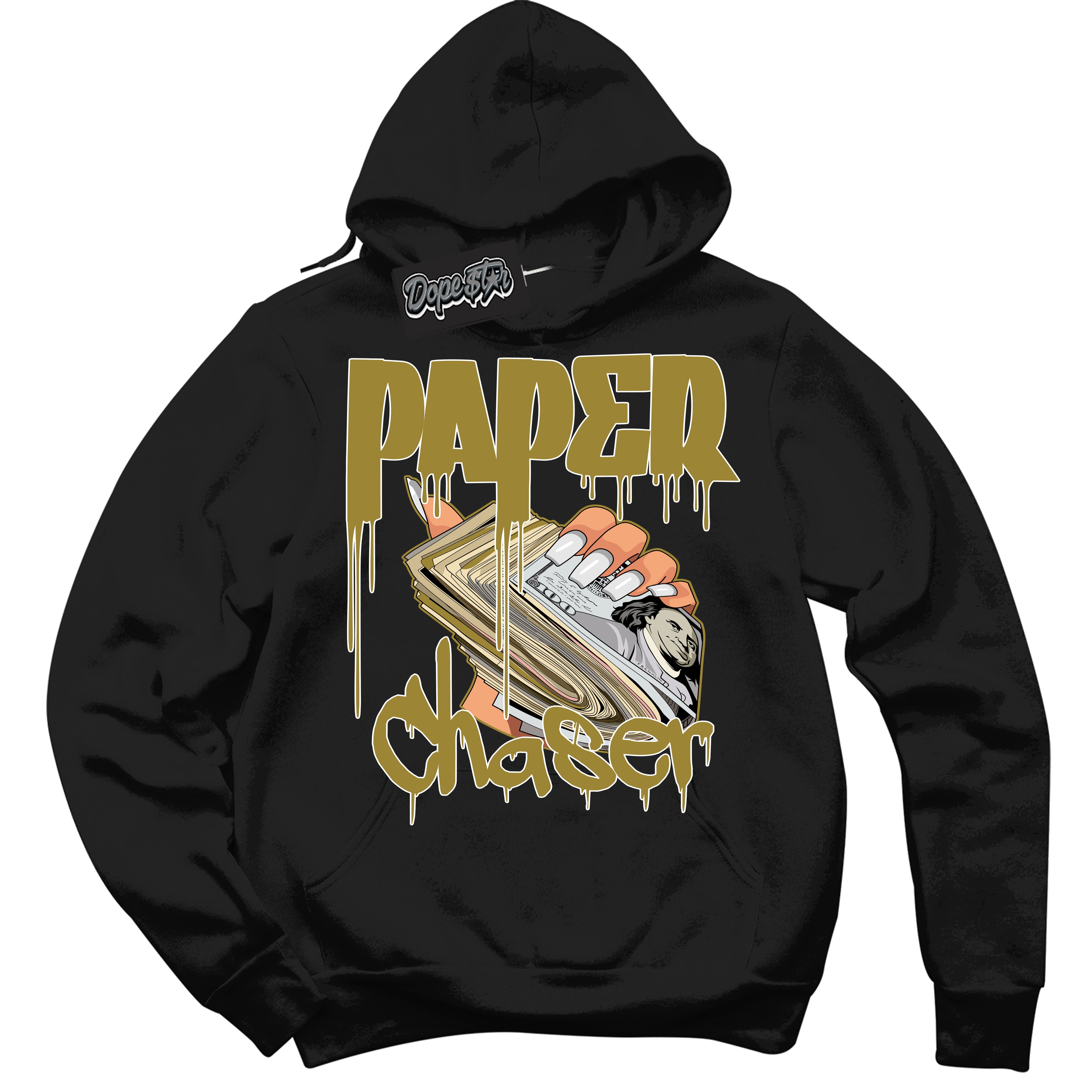 Cool Black Hoodie with “ Paper Chaser ” design that Perfectly Matches Pacific Moss Dunks.