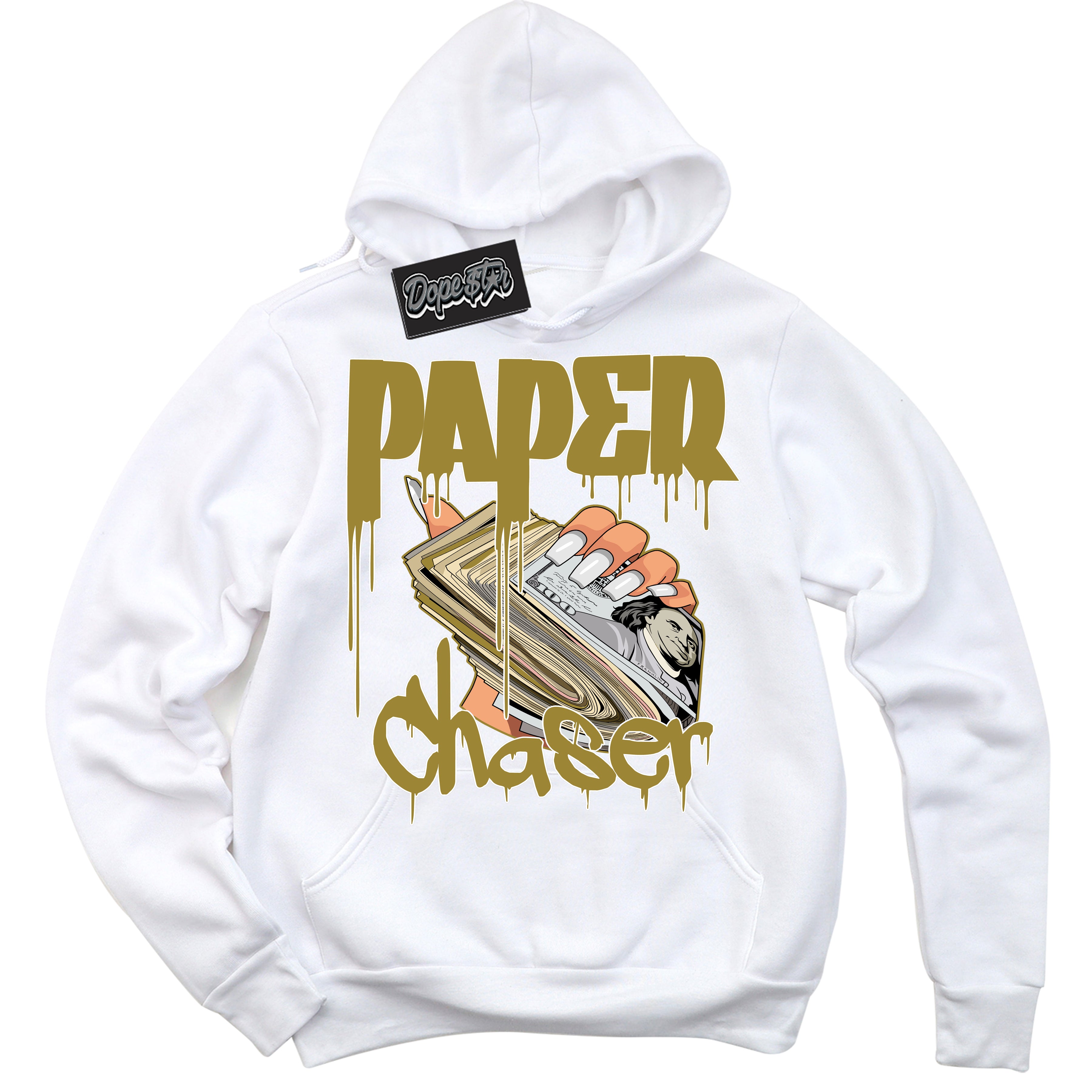 Cool White Hoodie with “ Paper Chaser ” design that Perfectly Matches Pacific Moss Dunks.