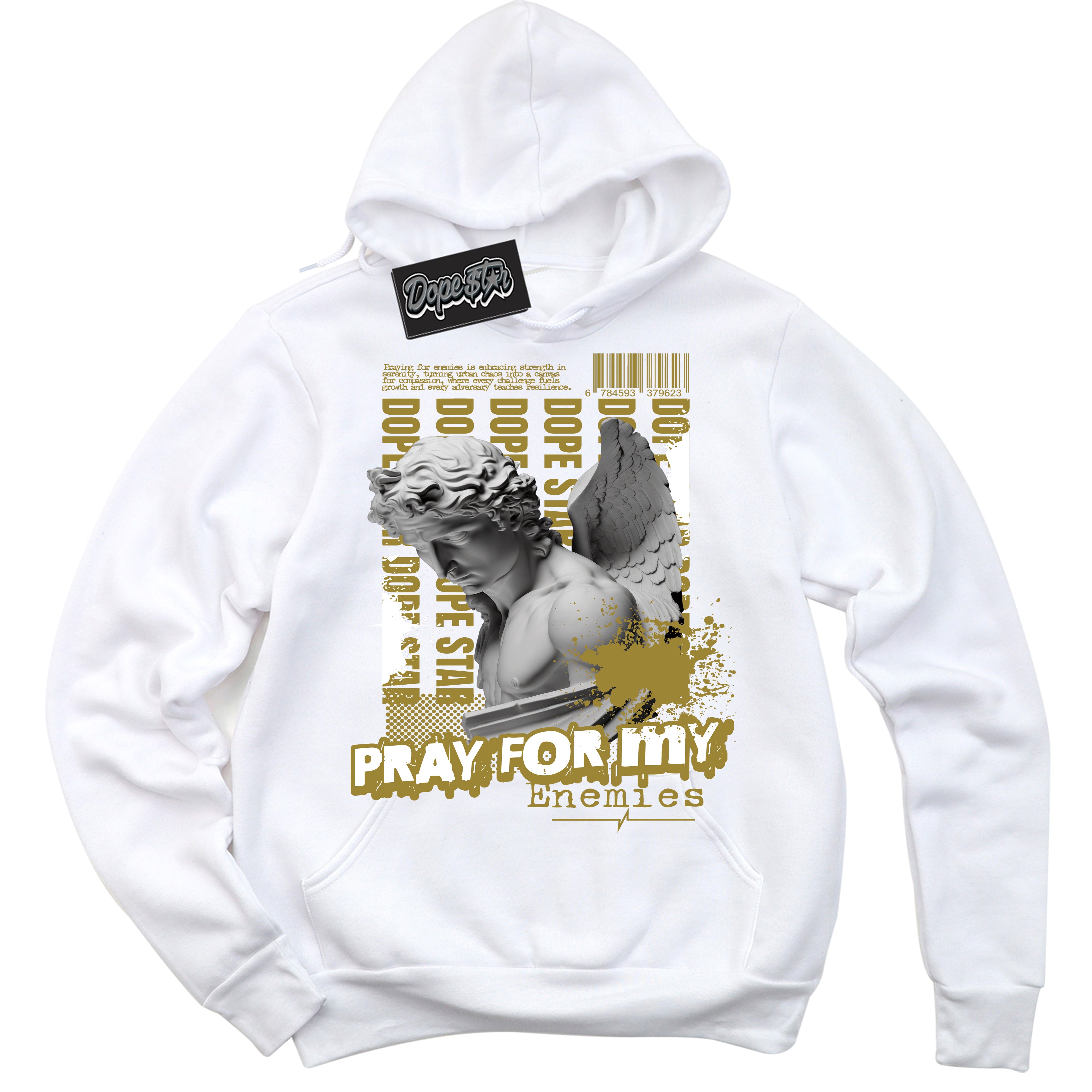 Cool White Hoodie with “ Pray Enemies ” design that Perfectly Matches Pacific Moss Sneakers.