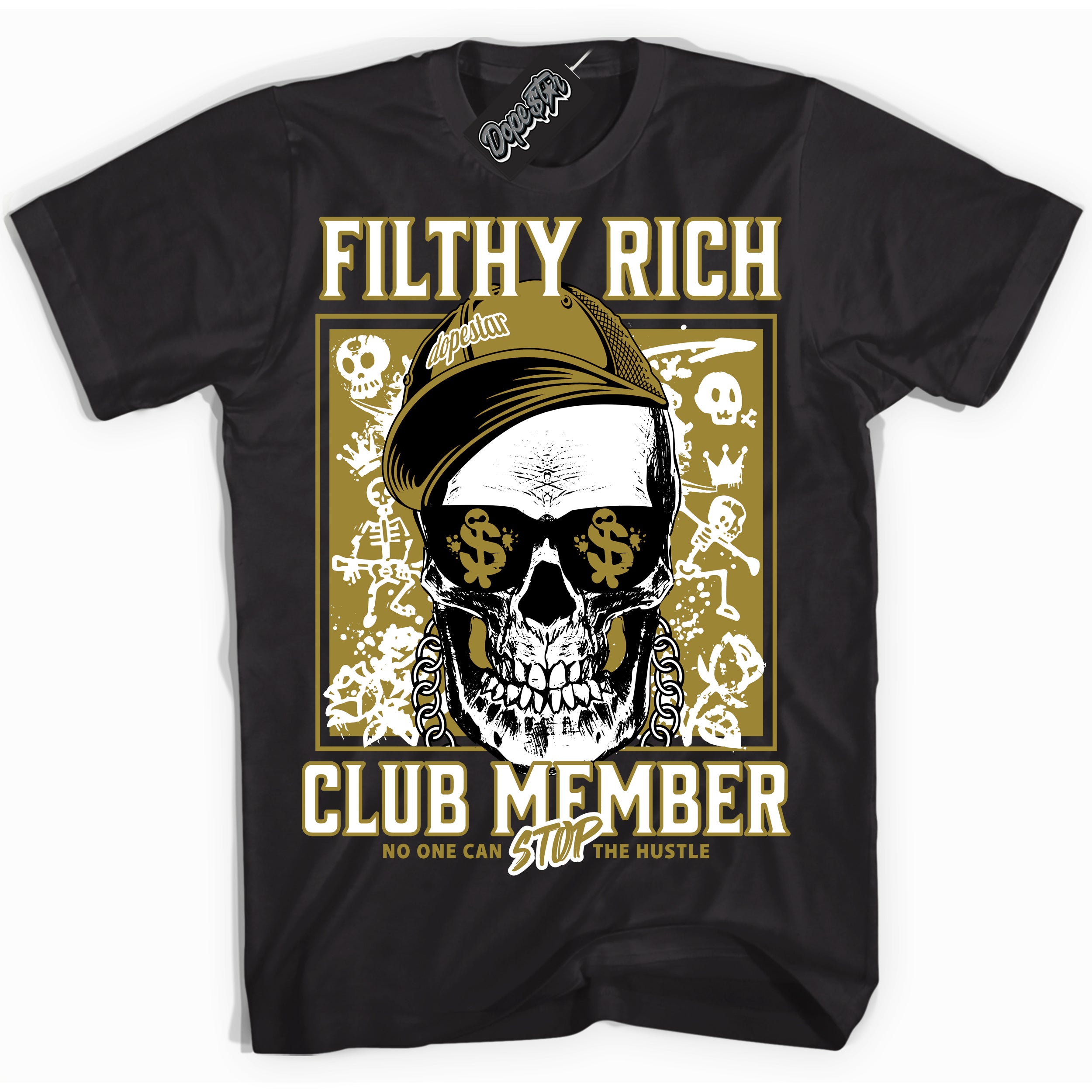 Cool Black Shirt with “ Filthy Rich” design that perfectly matches Pacific Moss Dunk Sneakers.