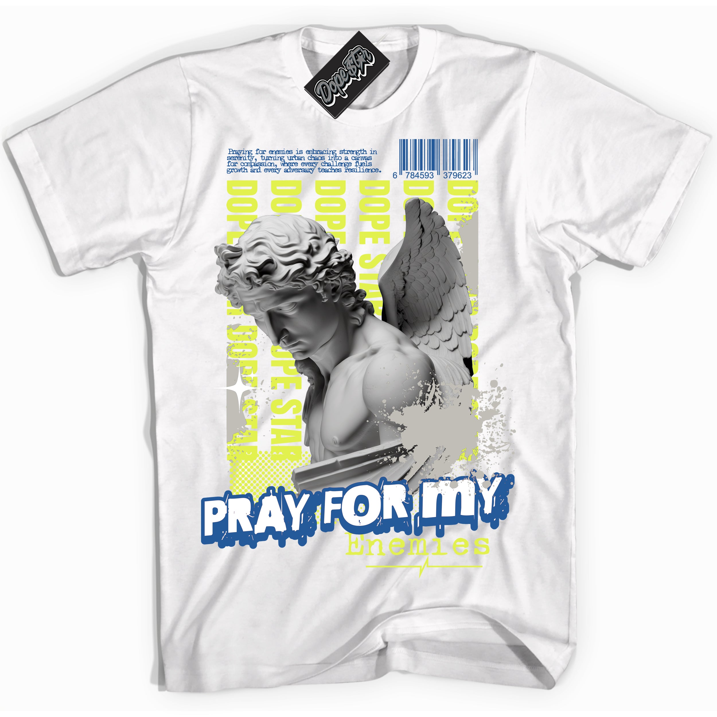 Cool White Shirt with “ Pray Enemies” design that perfectly matches '86 Air Max Day 1s Sneakers.