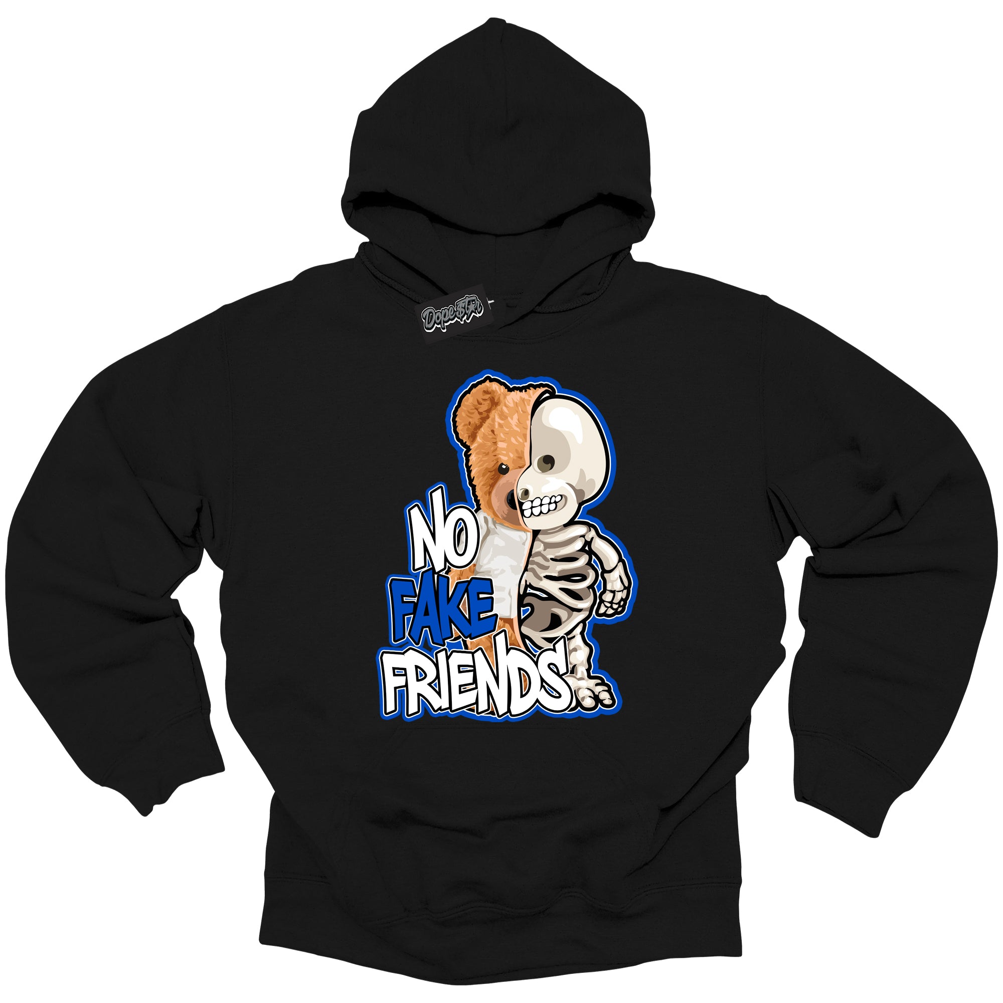 Cool Black Hoodie with “ No Fake Friends ” design that Perfectly Matches Royal Reimagined 1s Sneakers.