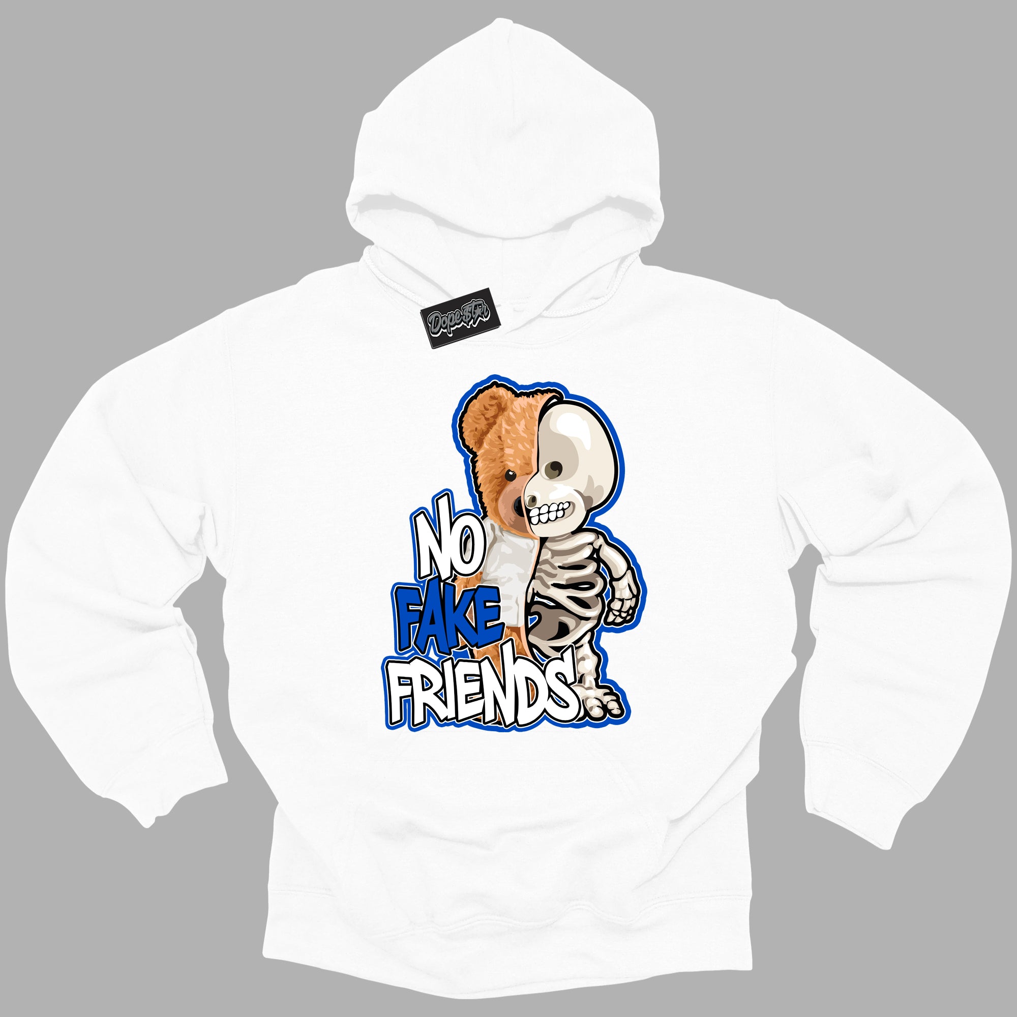 Cool White Hoodie with “ No Fake Friends ” design that Perfectly Matches Royal Reimagined 1s Sneakers.