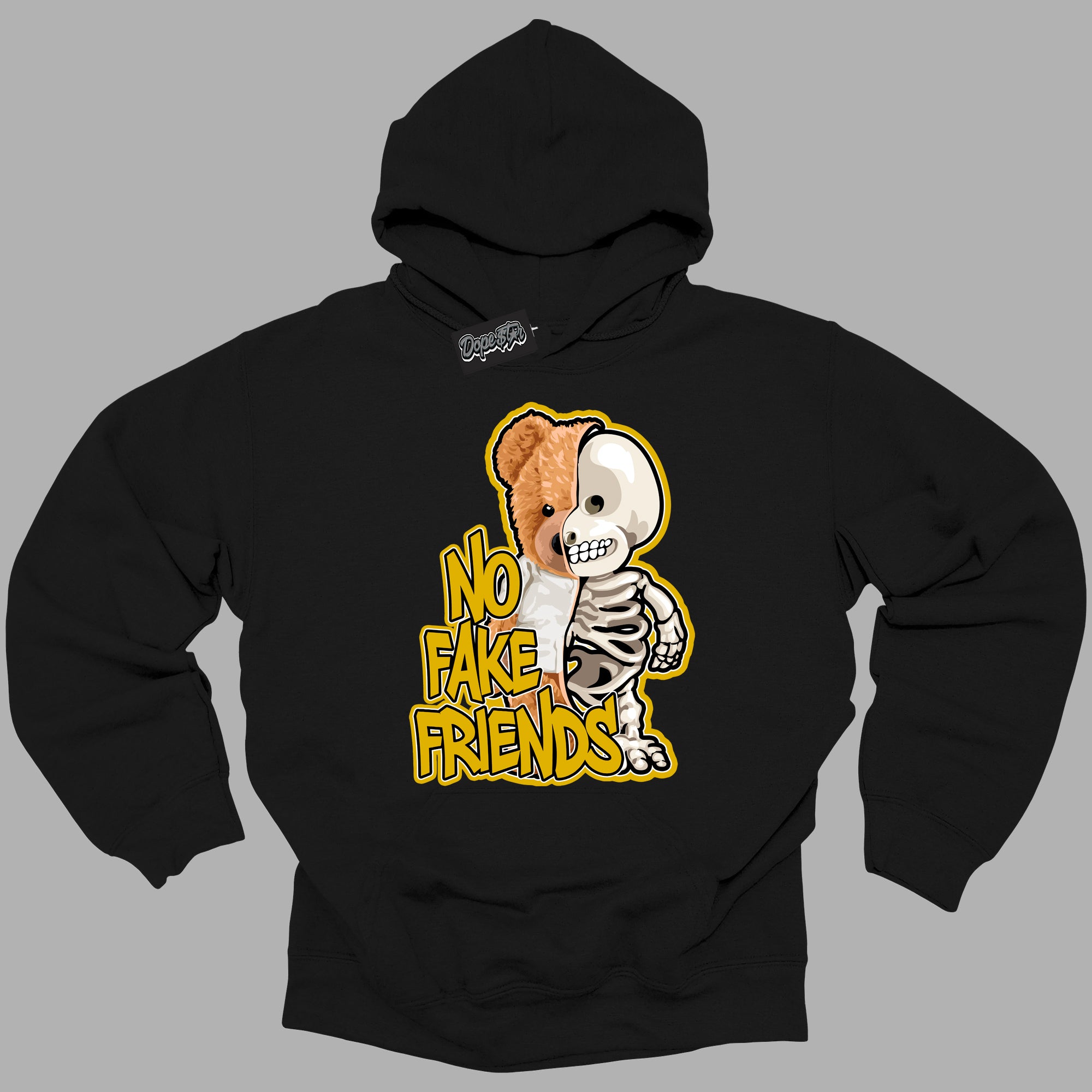 Cool Black Hoodie with “ No Fake Friends ” design that Perfectly Matches Yellow Ochre 6s Sneakers.