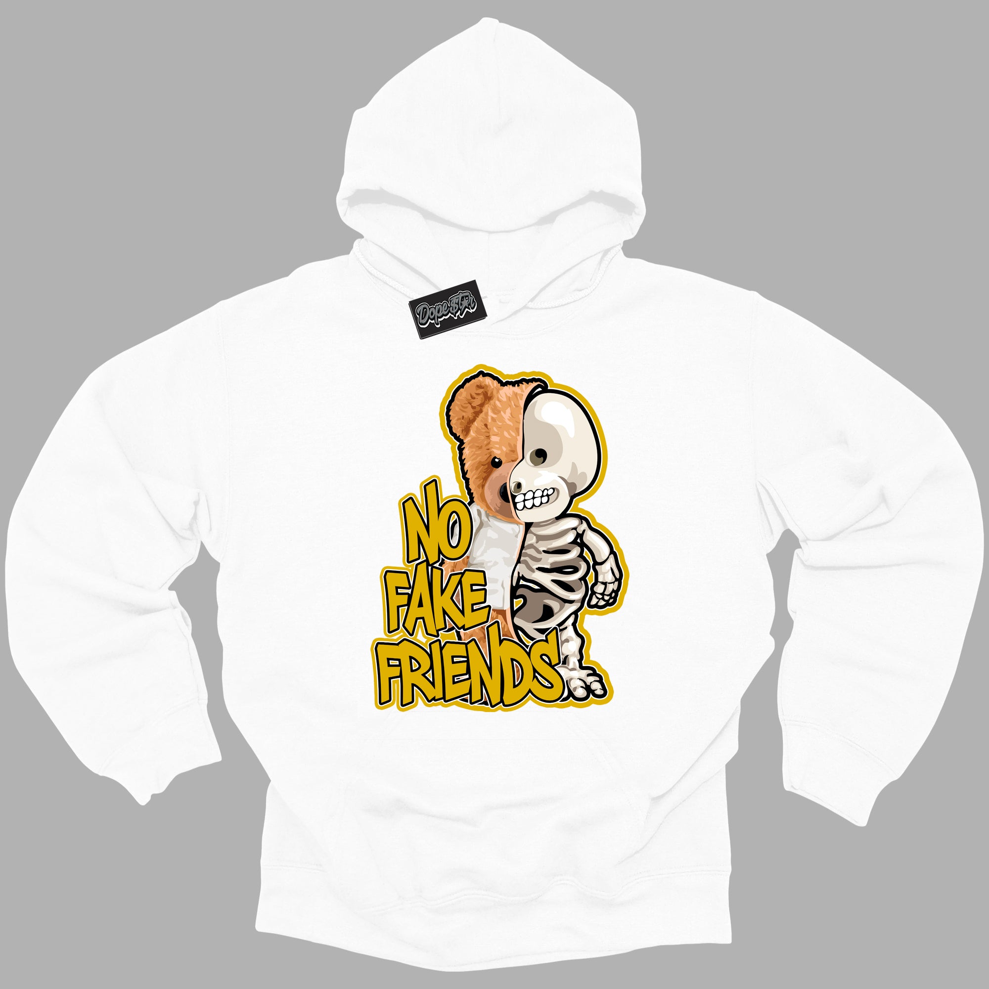 Cool White Hoodie with “ No Fake Friends ” design that Perfectly Matches Yellow Ochre 6s Sneakers.
