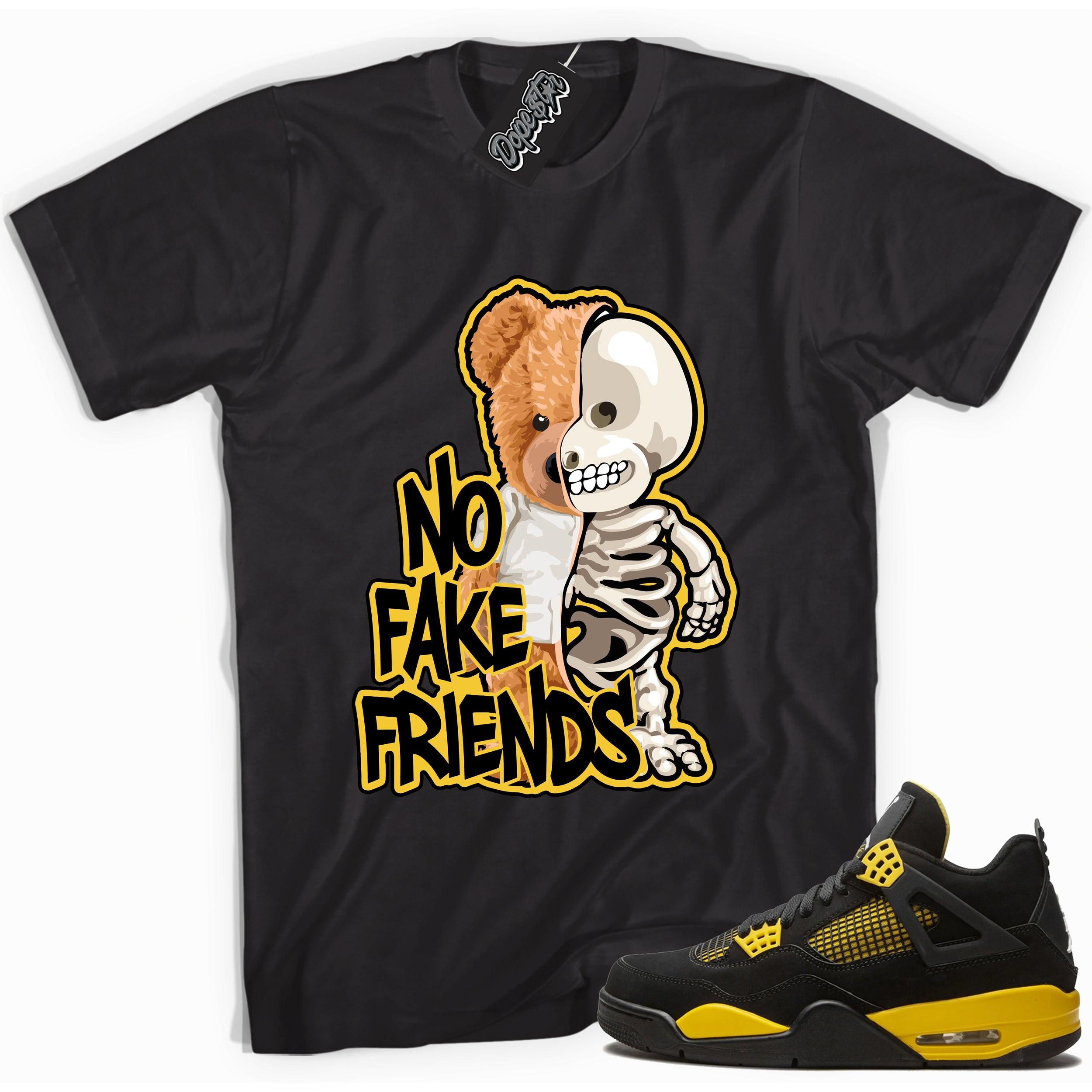 Cool black graphic tee with 'no fake friends' print, that perfectly matches Air Jordan 4 Thunder sneakers