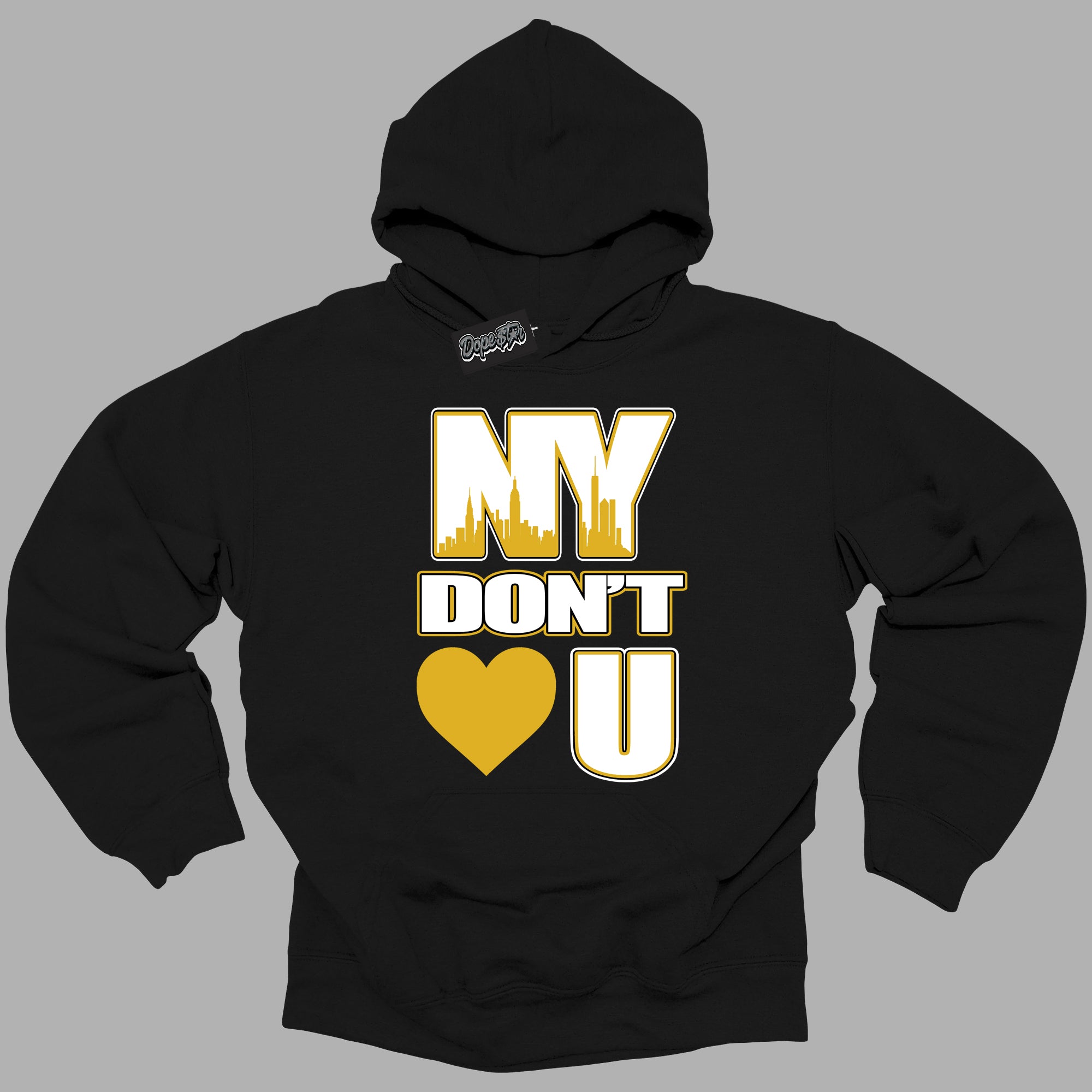 Cool Black Hoodie with “ NY Don't Love You ” design that Perfectly Matches Yellow Ochre 6s Sneakers.