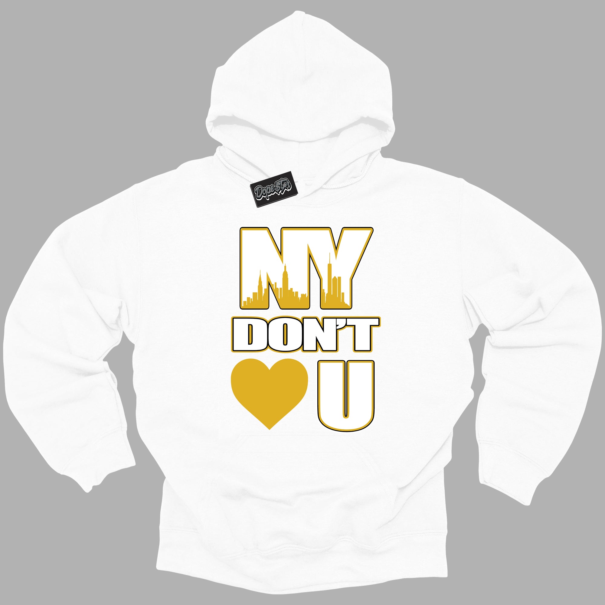 Cool White Hoodie with “ NY Don't Love You ” design that Perfectly Matches Yellow Ochre 6s Sneakers.