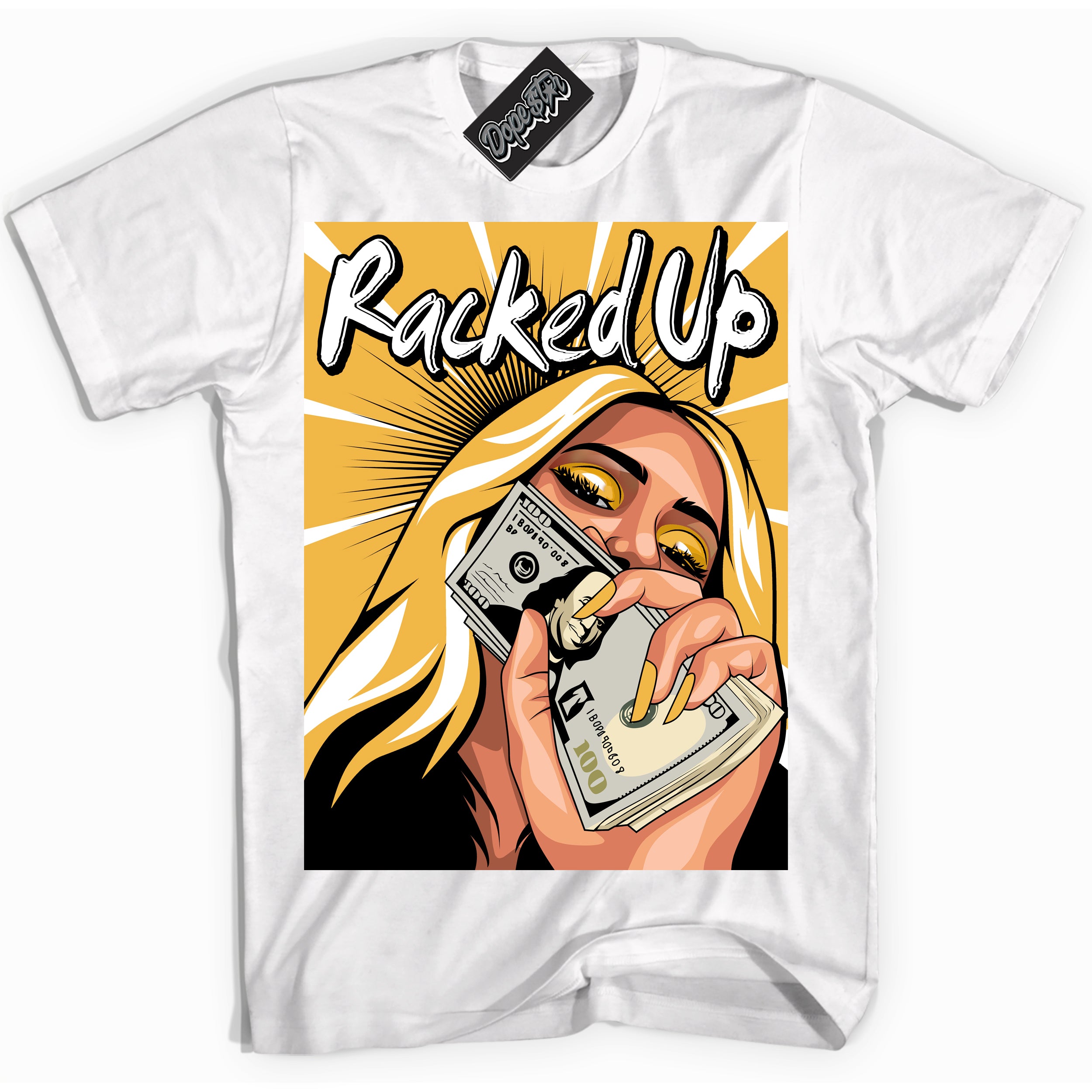 Nike Dunk High Wu-Tang 'Racked Up' Shirt - White Streetwear Mockup | Sneakerhead T-Shirt Matching Nike Dunk High Wu-Tang | Limited Edition Urban Streetwear for Sneaker Matching OOTD | Outfits that pair perfectly with your ND High Wu-Tang | Sneakerhead Fashion Must-Have Apparel for Men and Women.