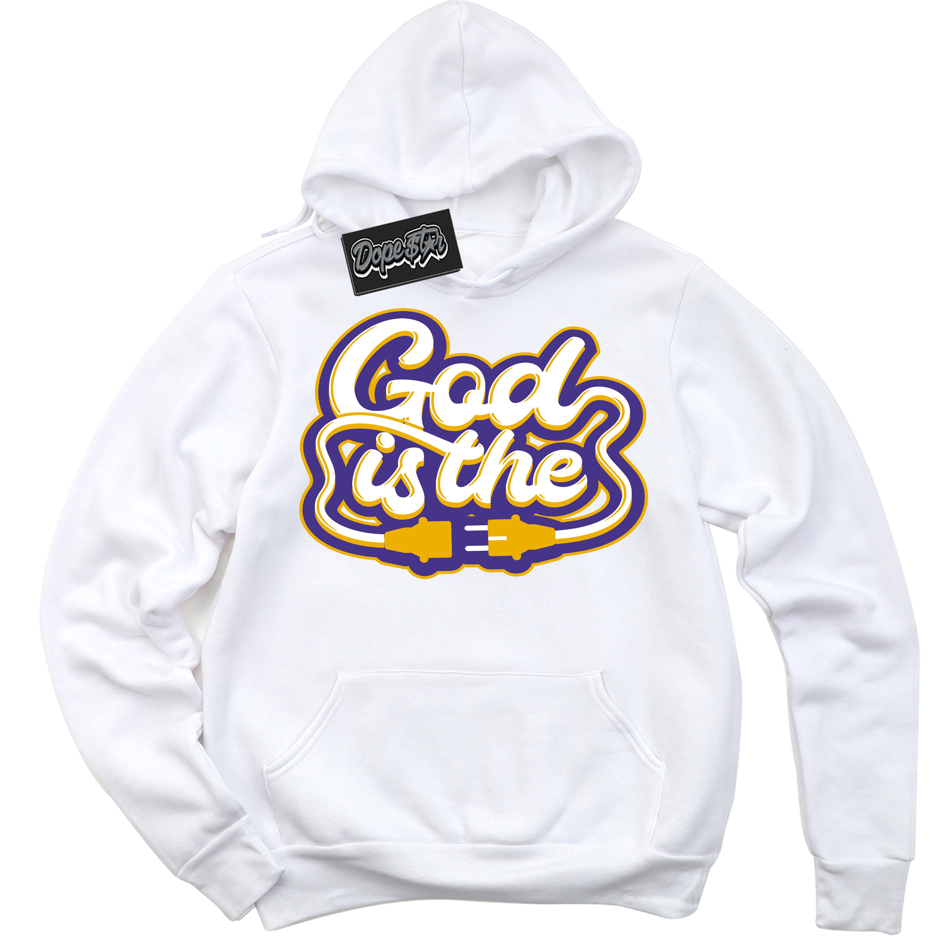 Cool White Hoodie with “God Is The” design that Perfectly Matches Air Force 1 QS Kobe Lakers Home Sneakers.