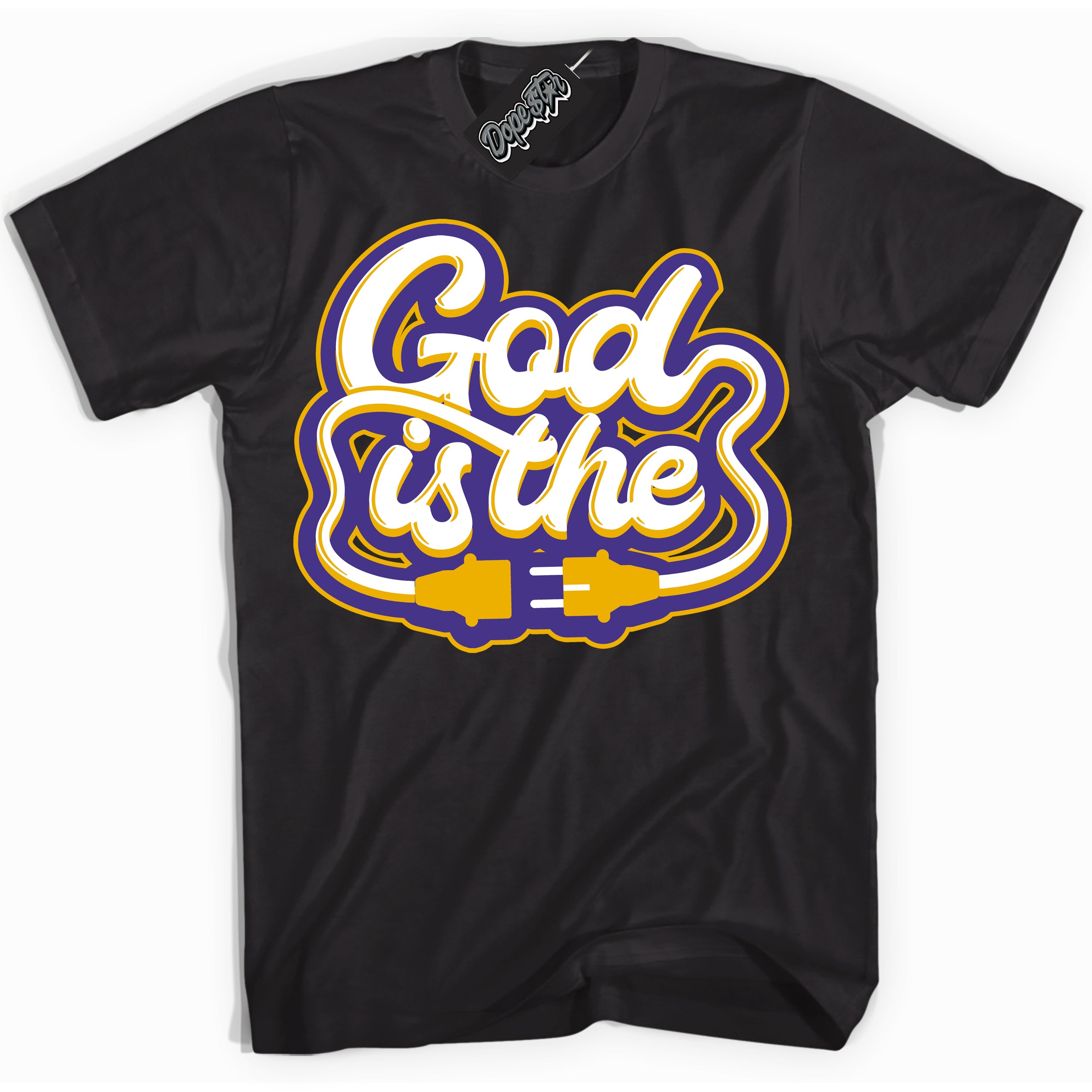 Cool Black Shirt with “God Is The” design that perfectly matches the Air Force 1 QS Kobe Lakers Home Sneakers.