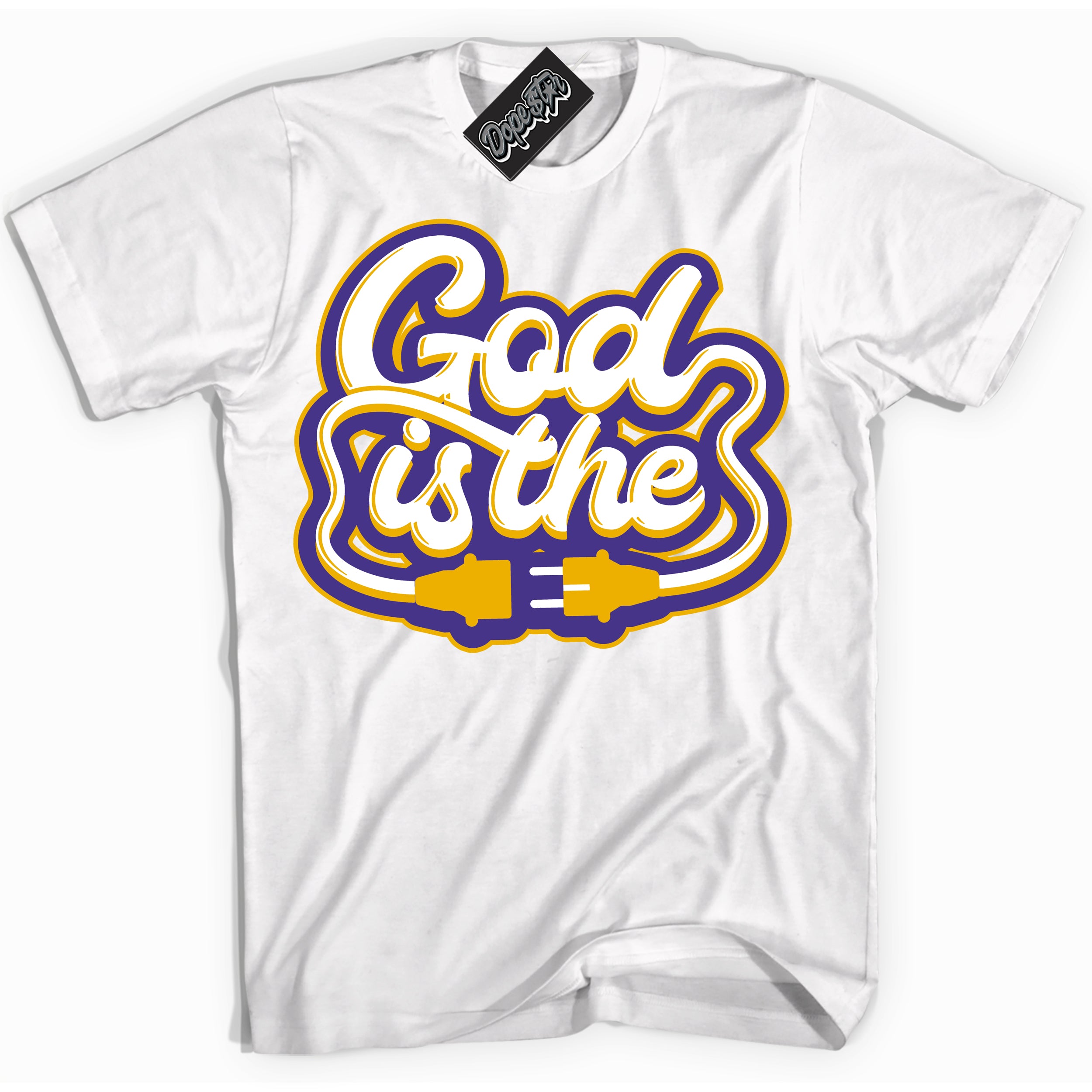 Cool White Shirt with “God Is The” design that perfectly matches the Air Force 1 QS Kobe Lakers Home Sneakers.