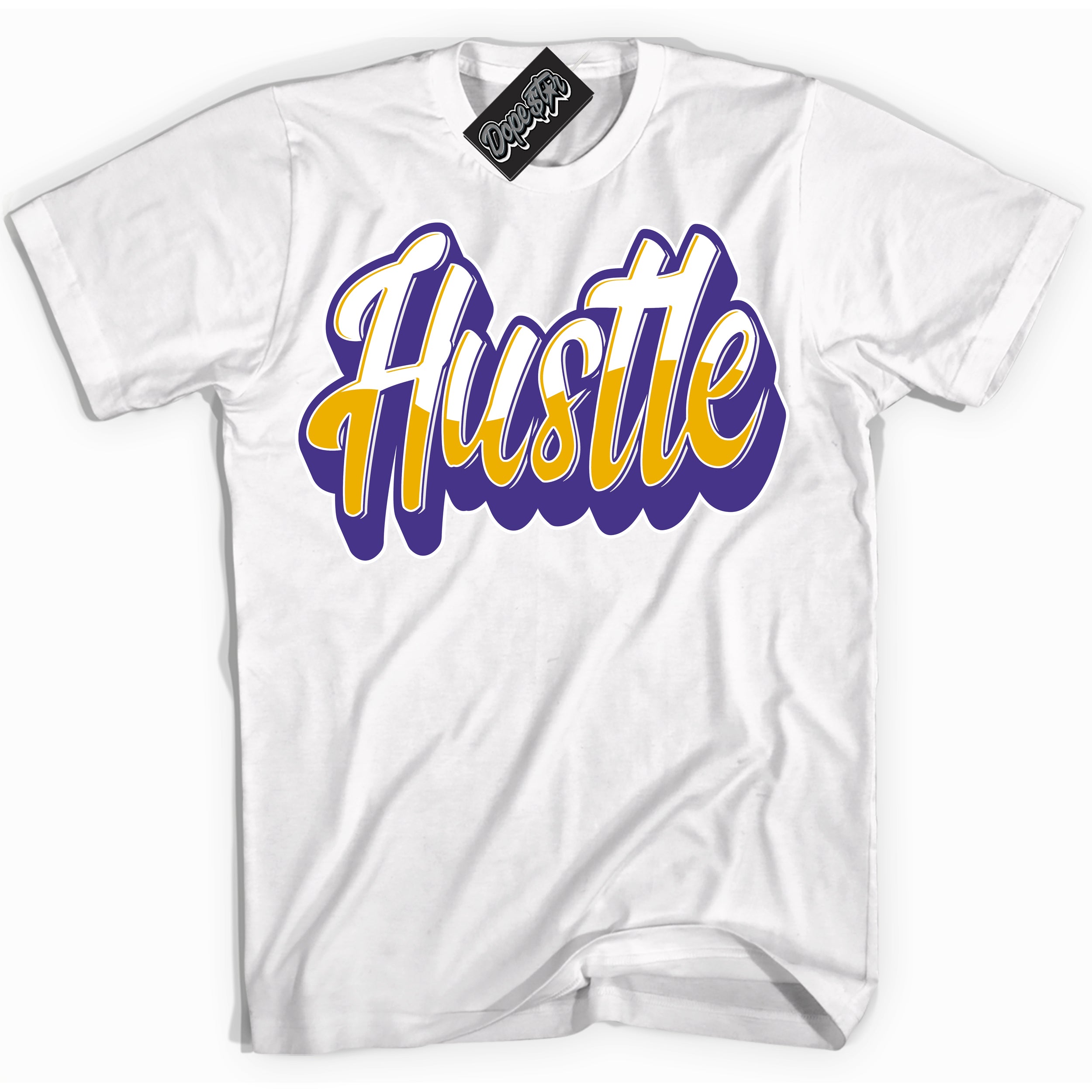 Cool White Shirt with “Hustle” design that perfectly matches the Air Force 1 QS Kobe Lakers Home Sneakers.