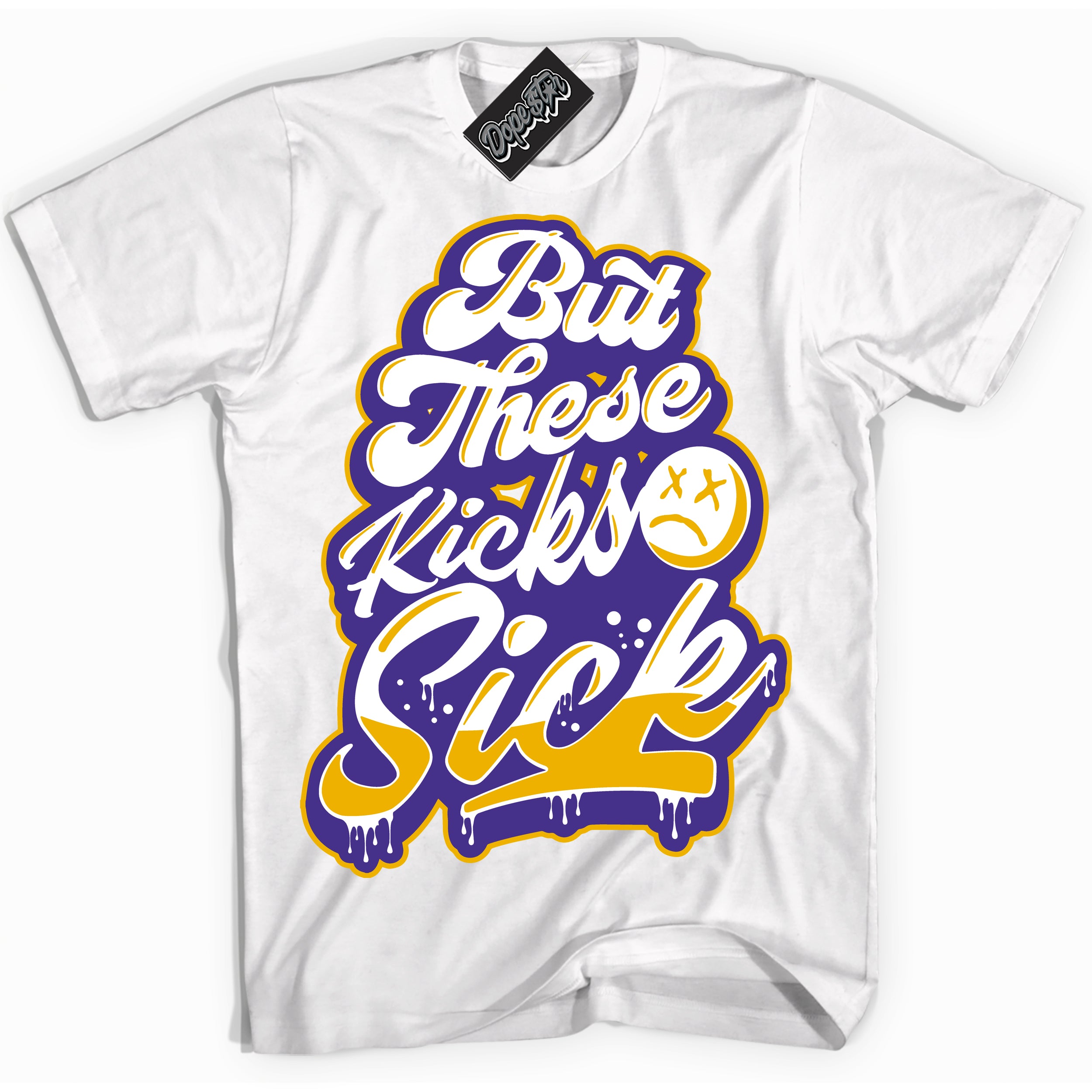 Cool White Shirt with “Kick Sick” design that perfectly matches the Air Force 1 QS Kobe Lakers Home Sneakers.