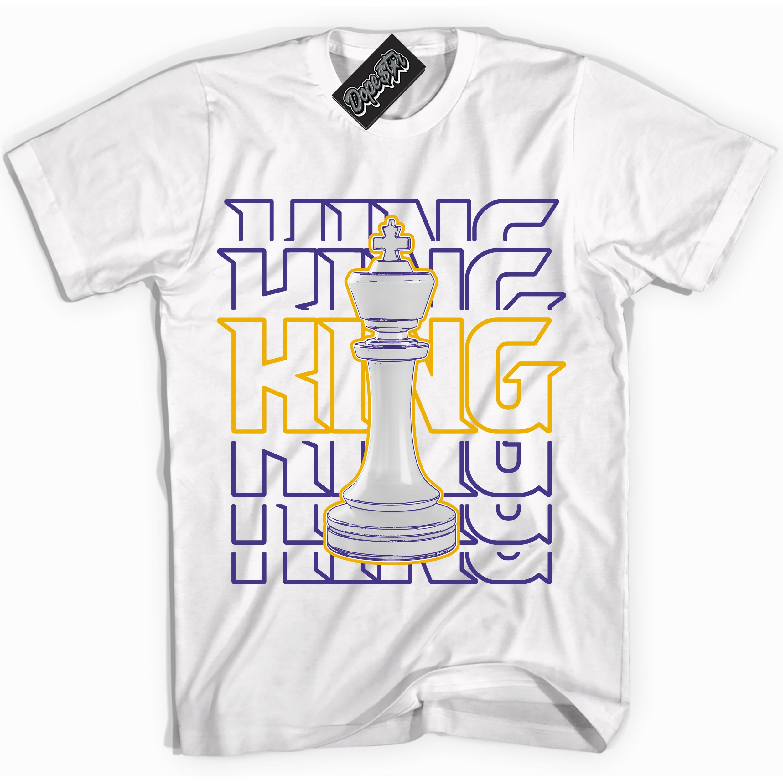 Cool White Shirt with “King Chess” design that perfectly matches the Air Force 1 QS Kobe Lakers Home Sneakers.