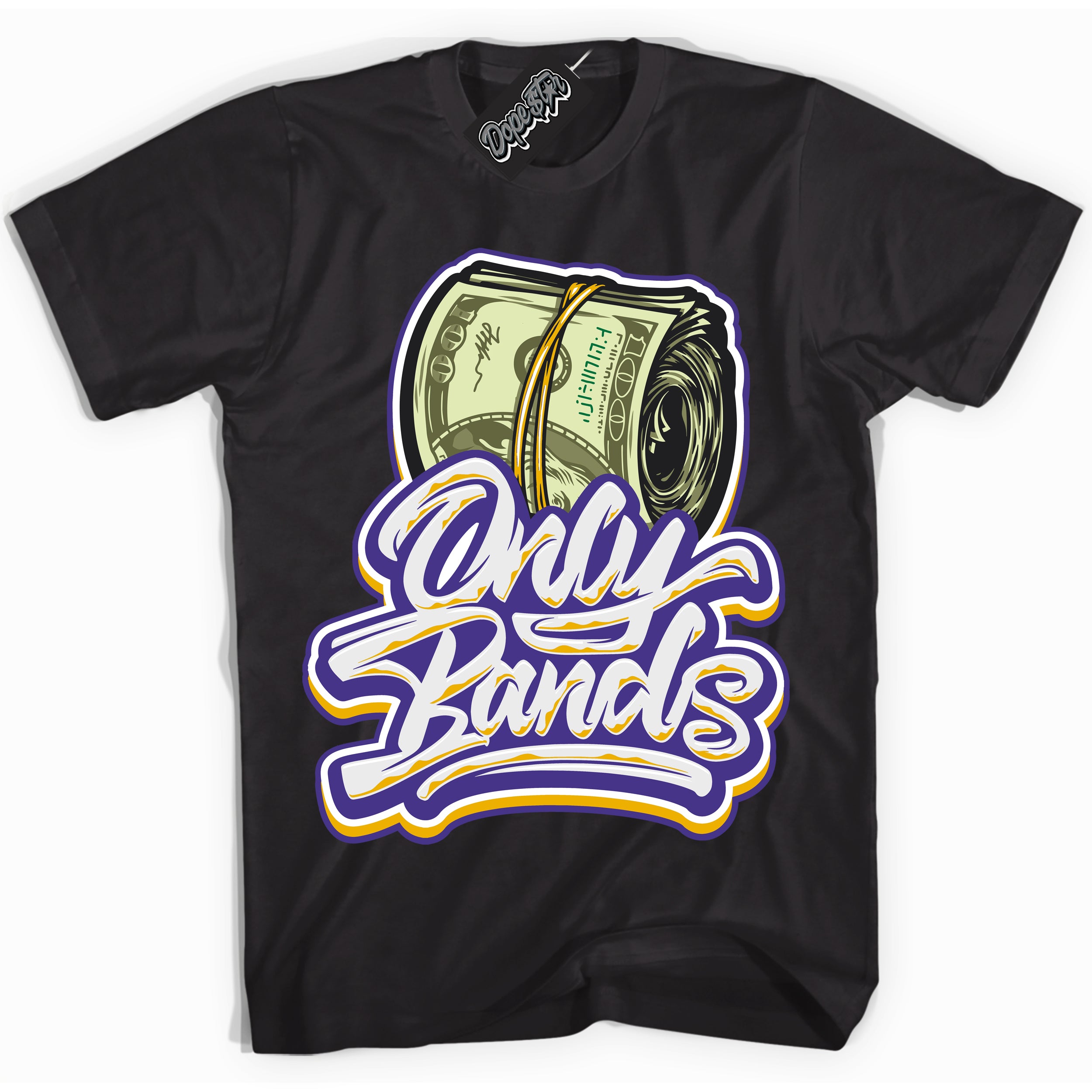 Cool Black Shirt with “Only Bands” design that perfectly matches the Air Force 1 QS Kobe Lakers Home Sneakers.