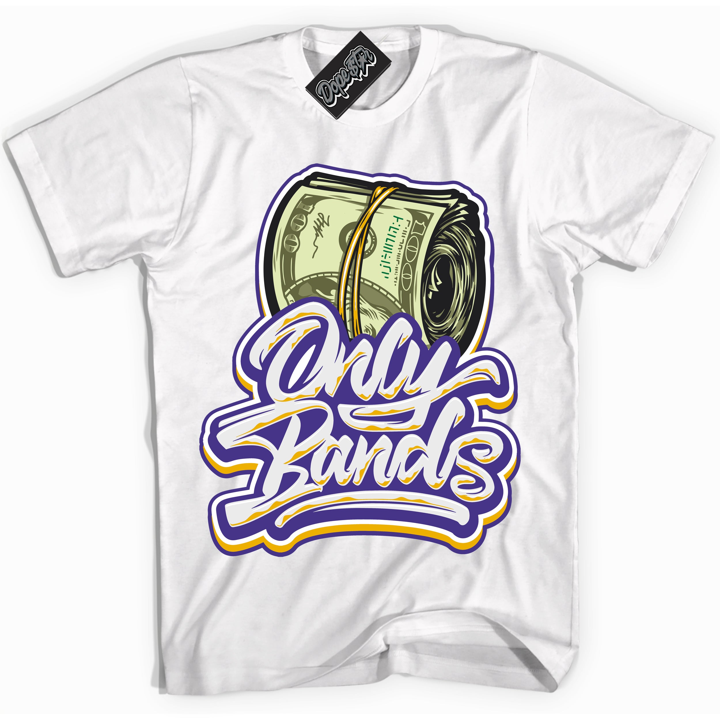 Cool White Shirt with “Only Bands” design that perfectly matches the Air Force 1 QS Kobe Lakers Home Sneakers.