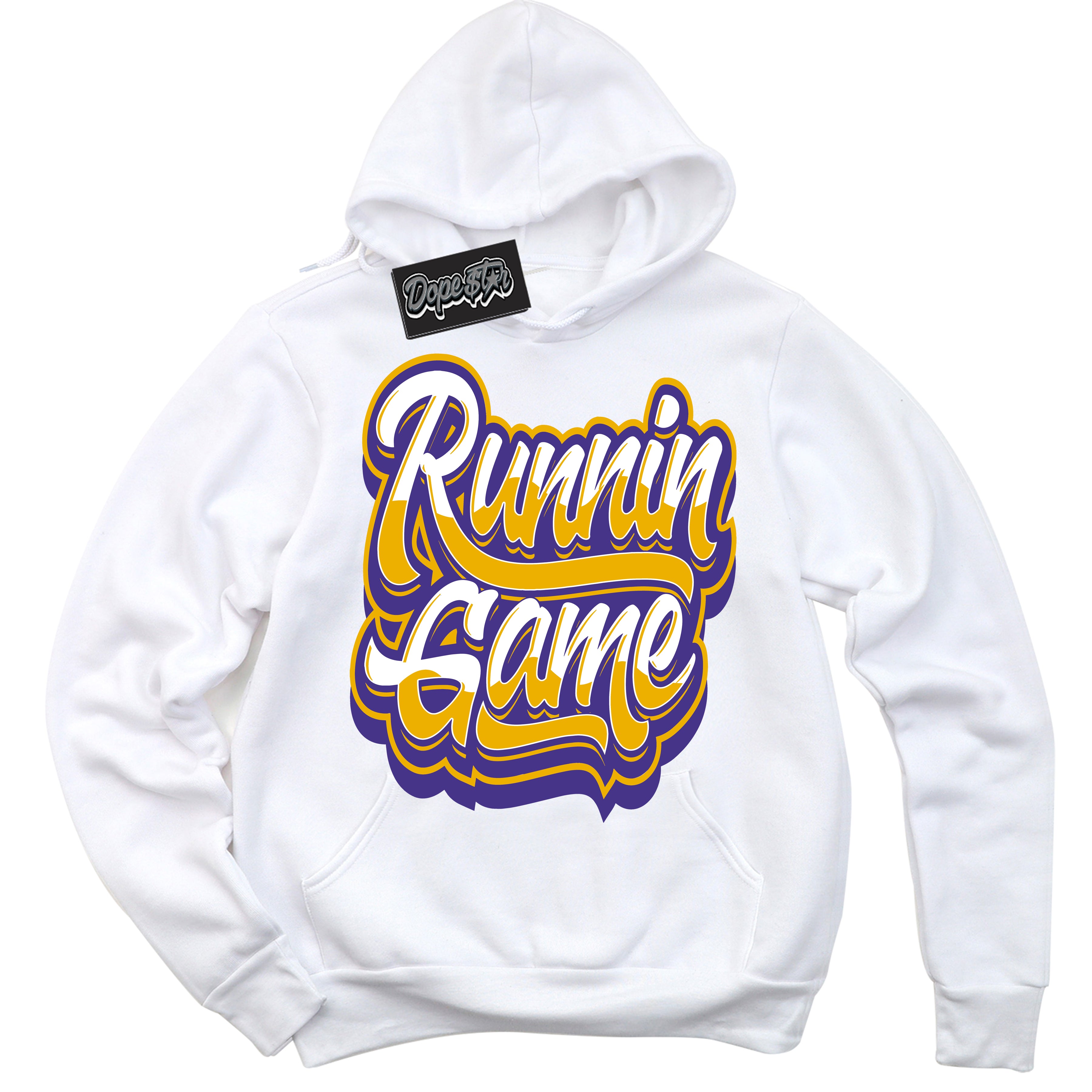 Cool White Hoodie with “Running Game” design that Perfectly Matches Air Force 1 QS Kobe Lakers Home Sneakers.