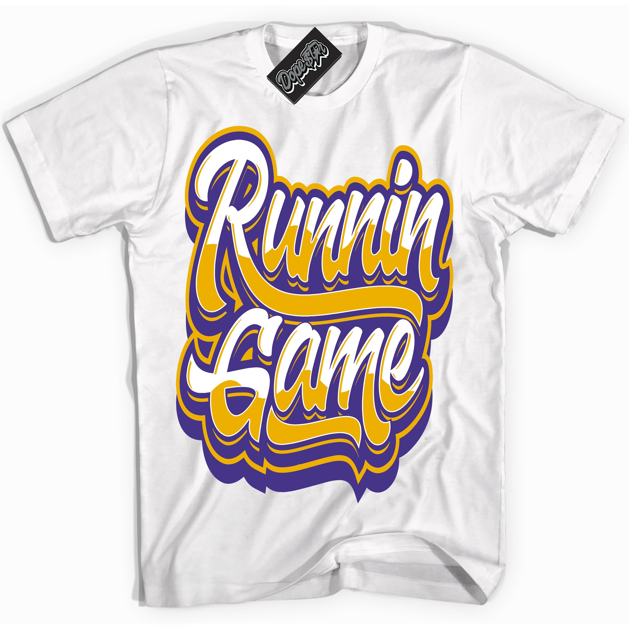 Cool White Shirt with “Running Game” design that perfectly matches the Air Force 1 QS Kobe Lakers Home Sneakers.