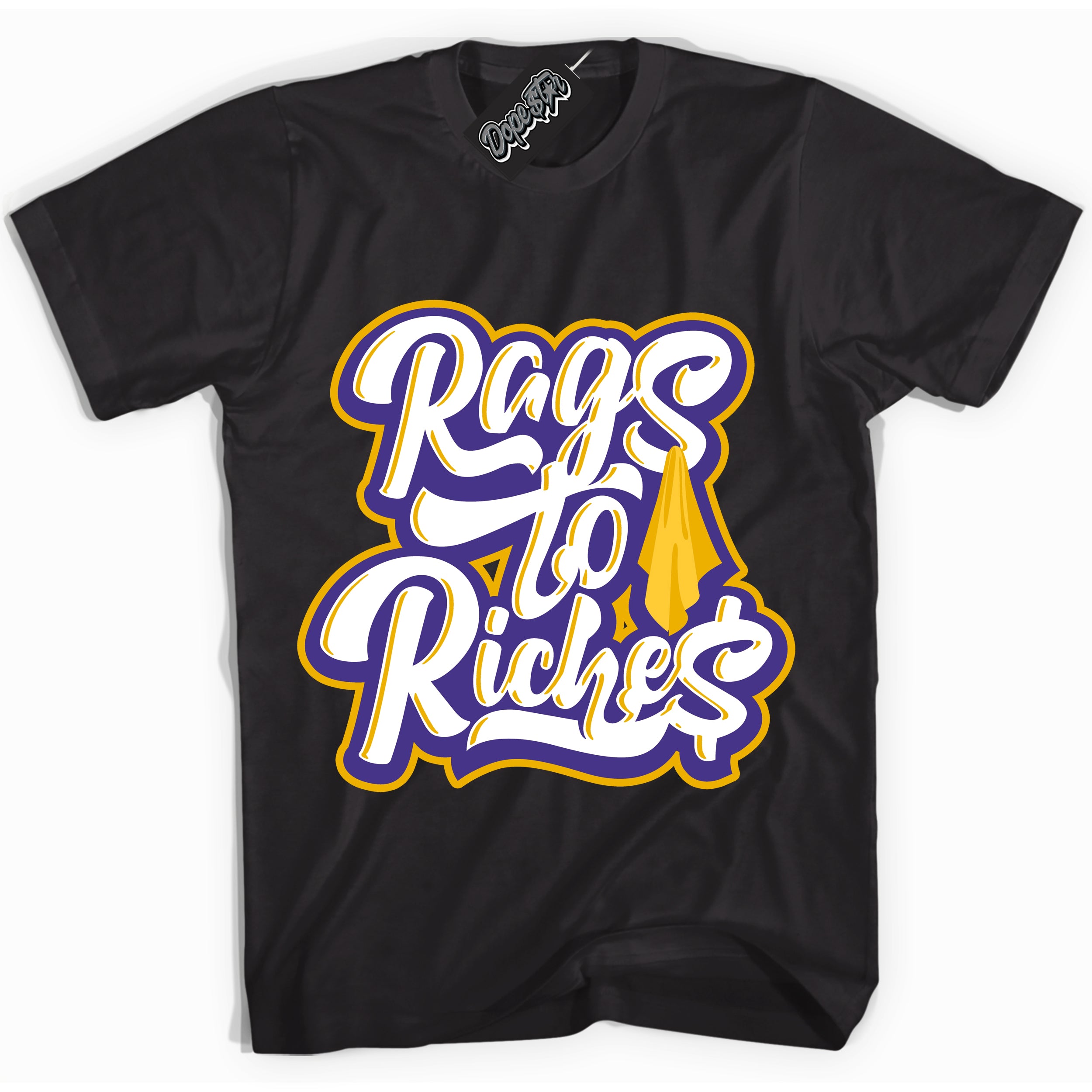 Cool Black Shirt with “Rags To Riches” design that perfectly matches the Air Force 1 QS Kobe Lakers Home Sneakers.