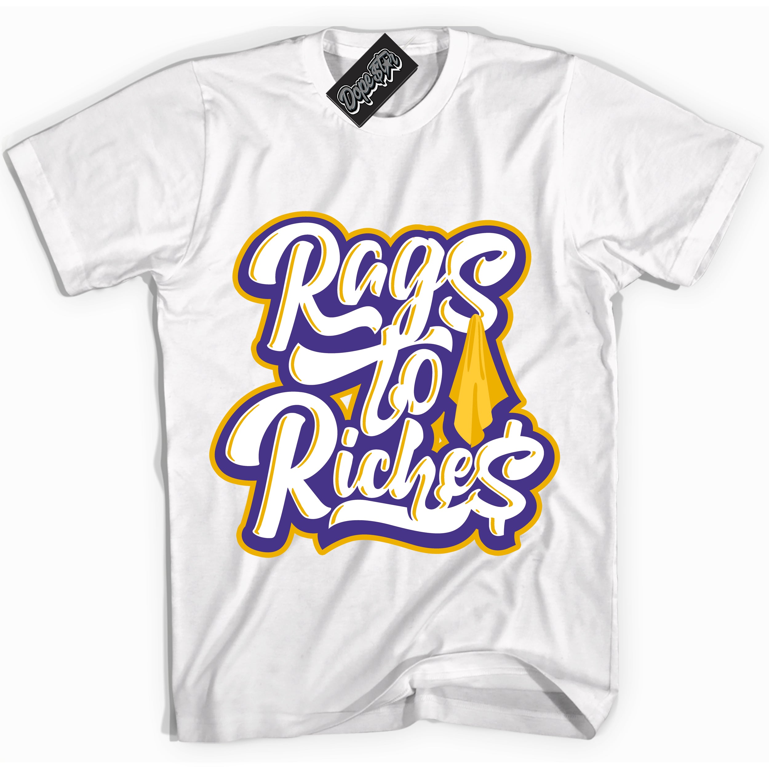 Cool White Shirt with “Rags To Riches” design that perfectly matches the Air Force 1 QS Kobe Lakers Home Sneakers.