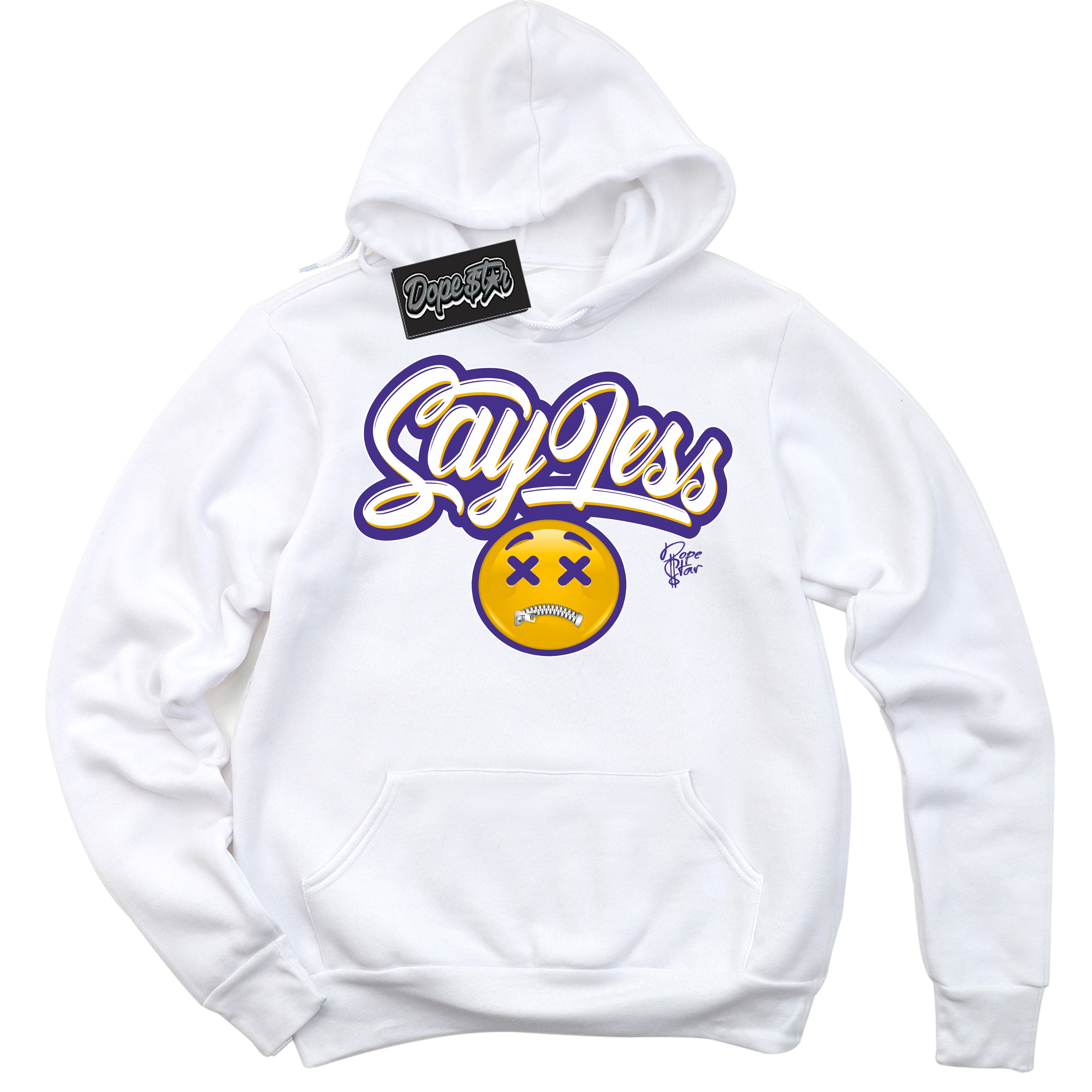 Cool White Hoodie with “Say Less” design that Perfectly Matches Air Force 1 QS Kobe Lakers Home Sneakers.