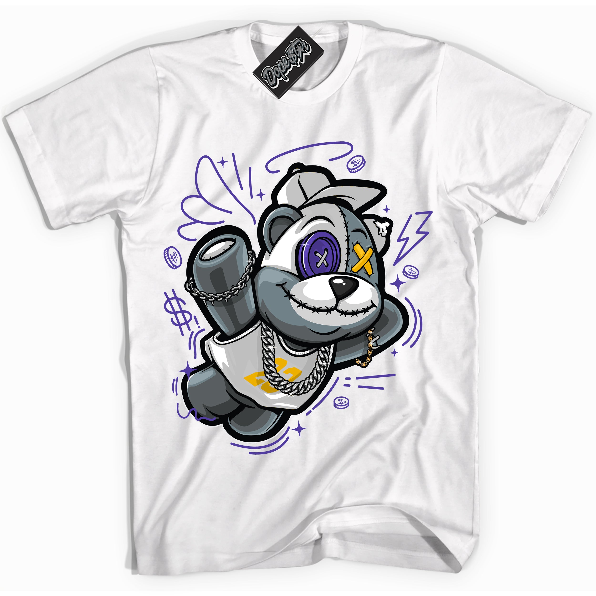 Cool White Shirt with “Slam Dunk Bear” design that perfectly matches the Air Force 1 QS Kobe Lakers Home Sneakers.