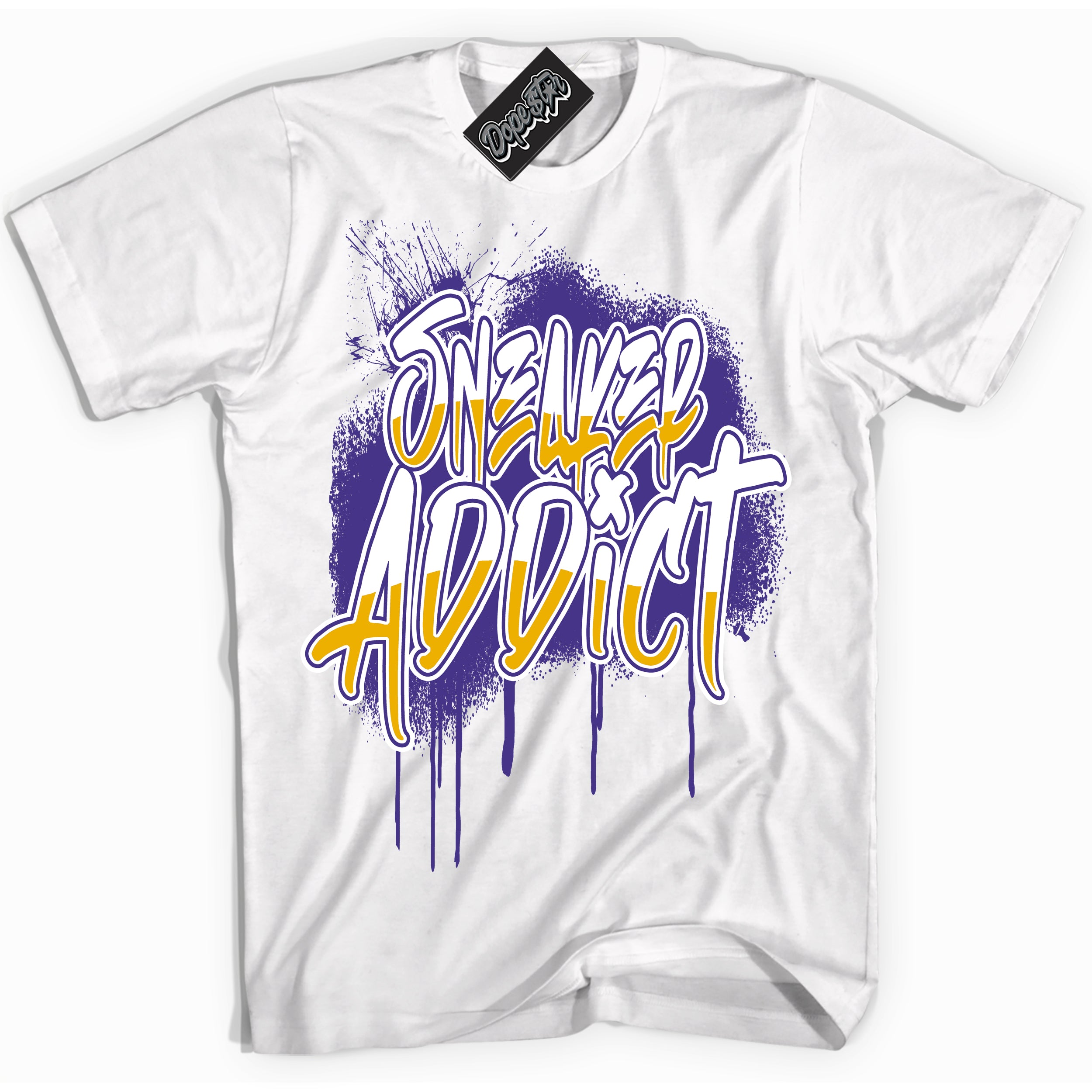 Cool White Shirt with “Sneaker Addict” design that perfectly matches the Air Force 1 QS Kobe Lakers Home Sneakers.