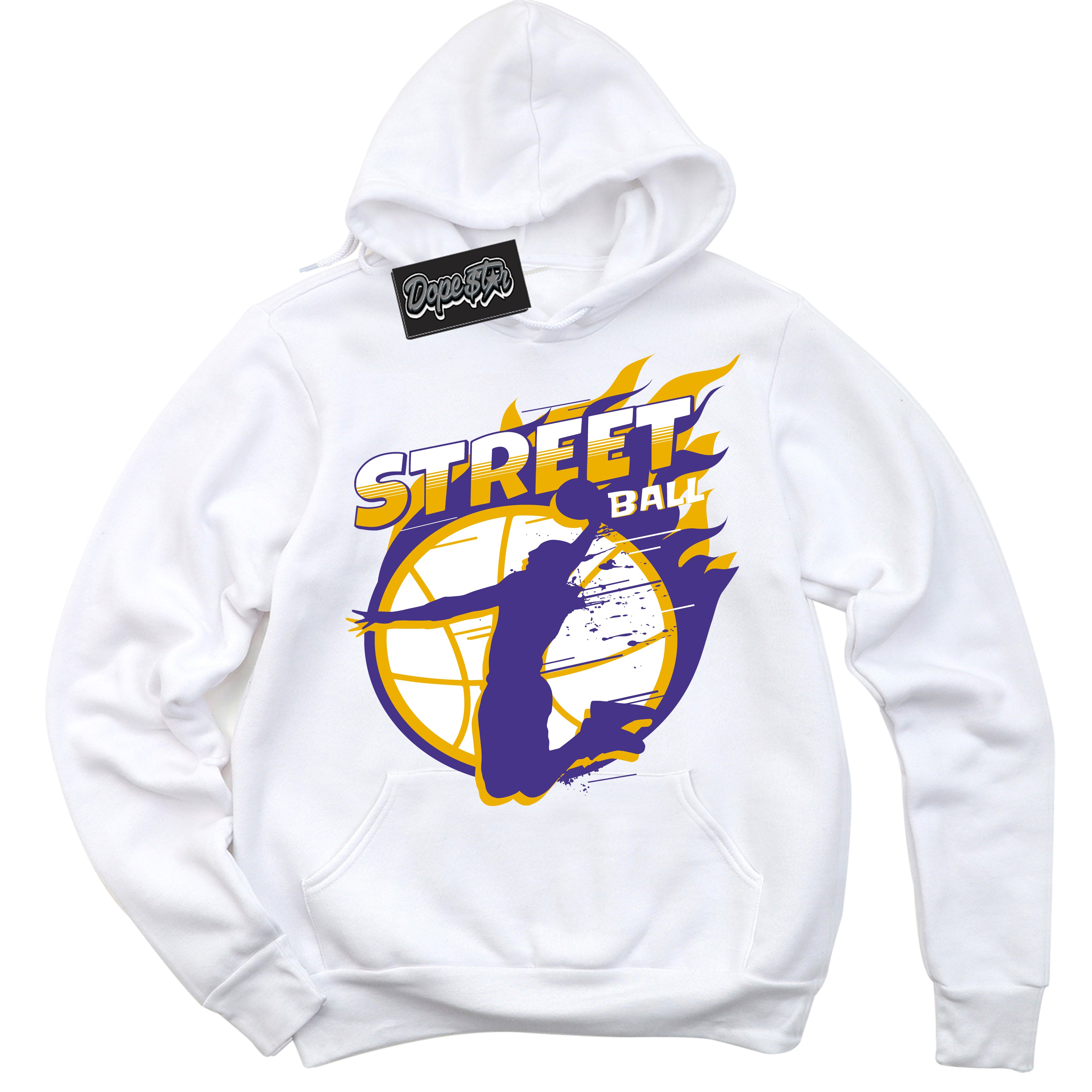 Cool White Hoodie with “Street Ball” design that Perfectly Matches Air Force 1 QS Kobe Lakers Home Sneakers.