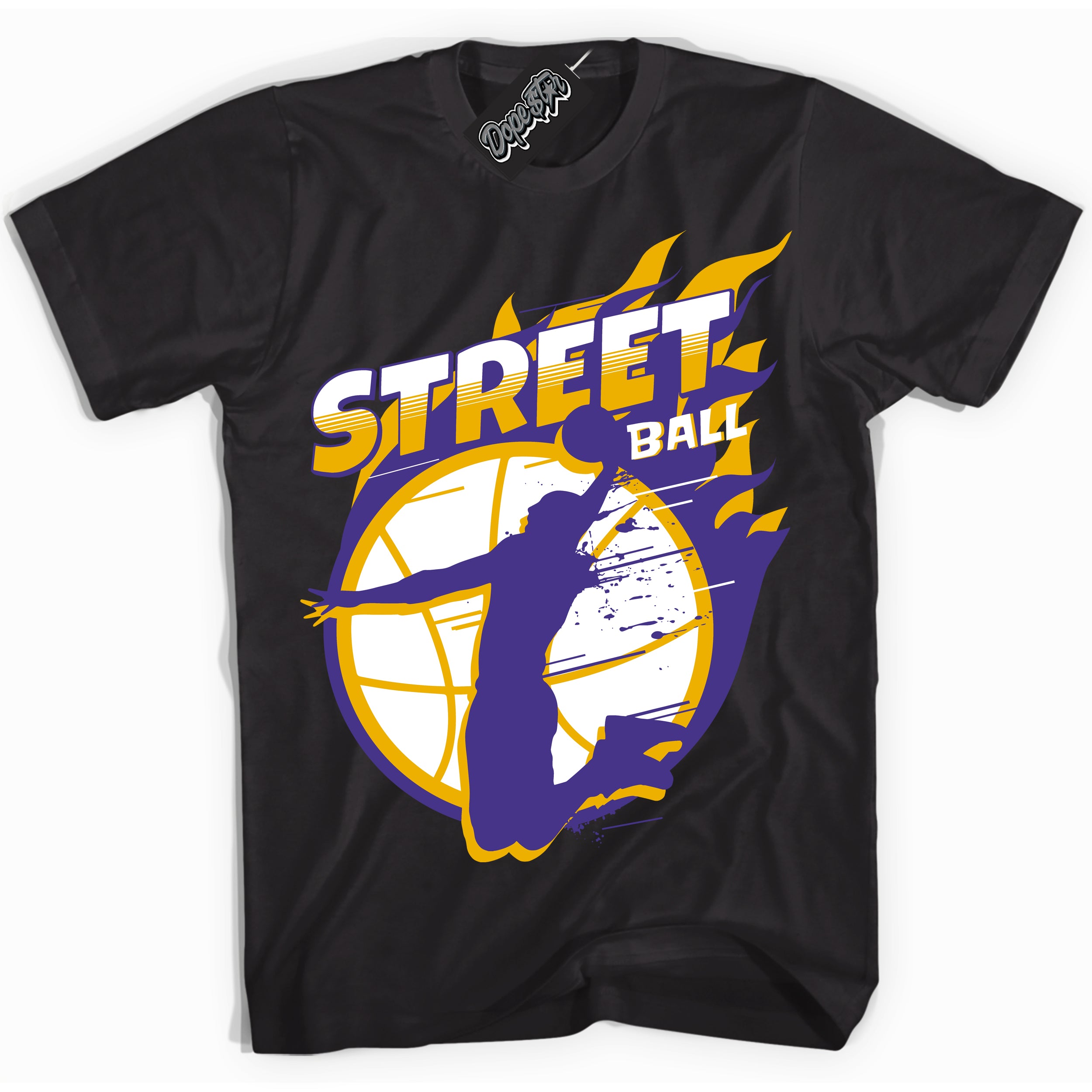 Cool Black Shirt with “Street Ball” design that perfectly matches the Air Force 1 QS Kobe Lakers Home Sneakers.