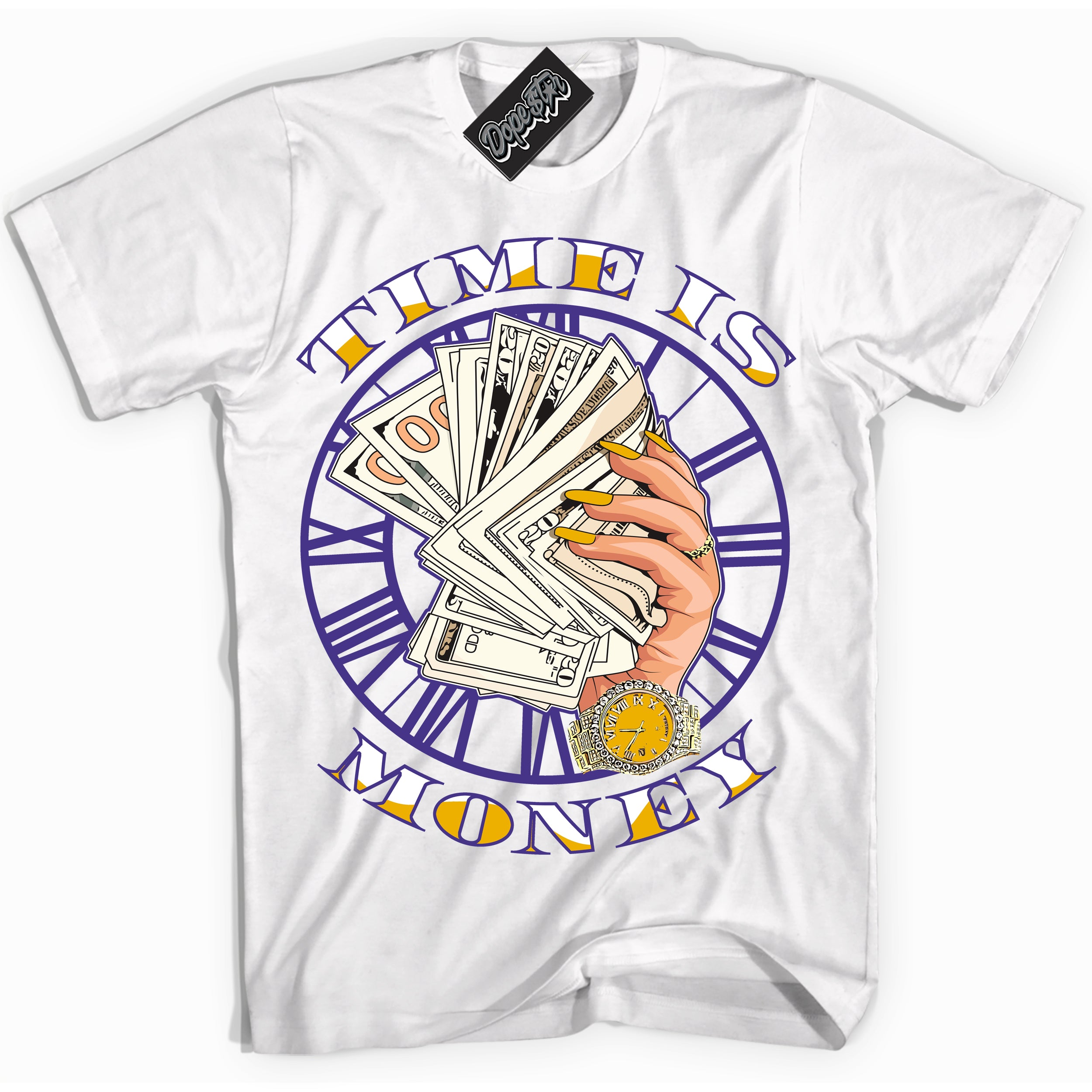 Cool White Shirt with “Time Is Money” design that perfectly matches the Air Force 1 QS Kobe Lakers Home Sneakers.