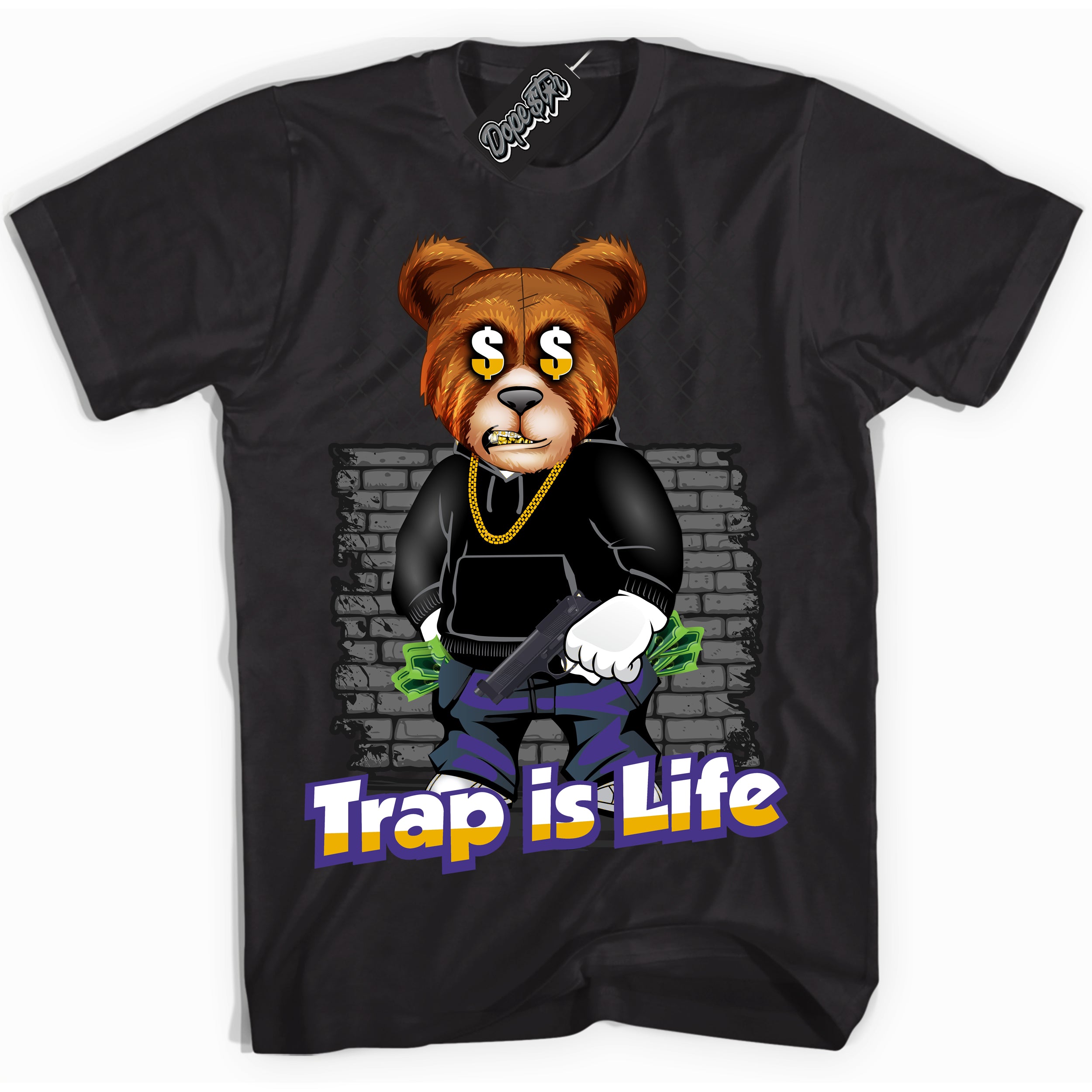 Cool Black Shirt with “Trap Is Life” design that perfectly matches the Air Force 1 QS Kobe Lakers Home Sneakers.