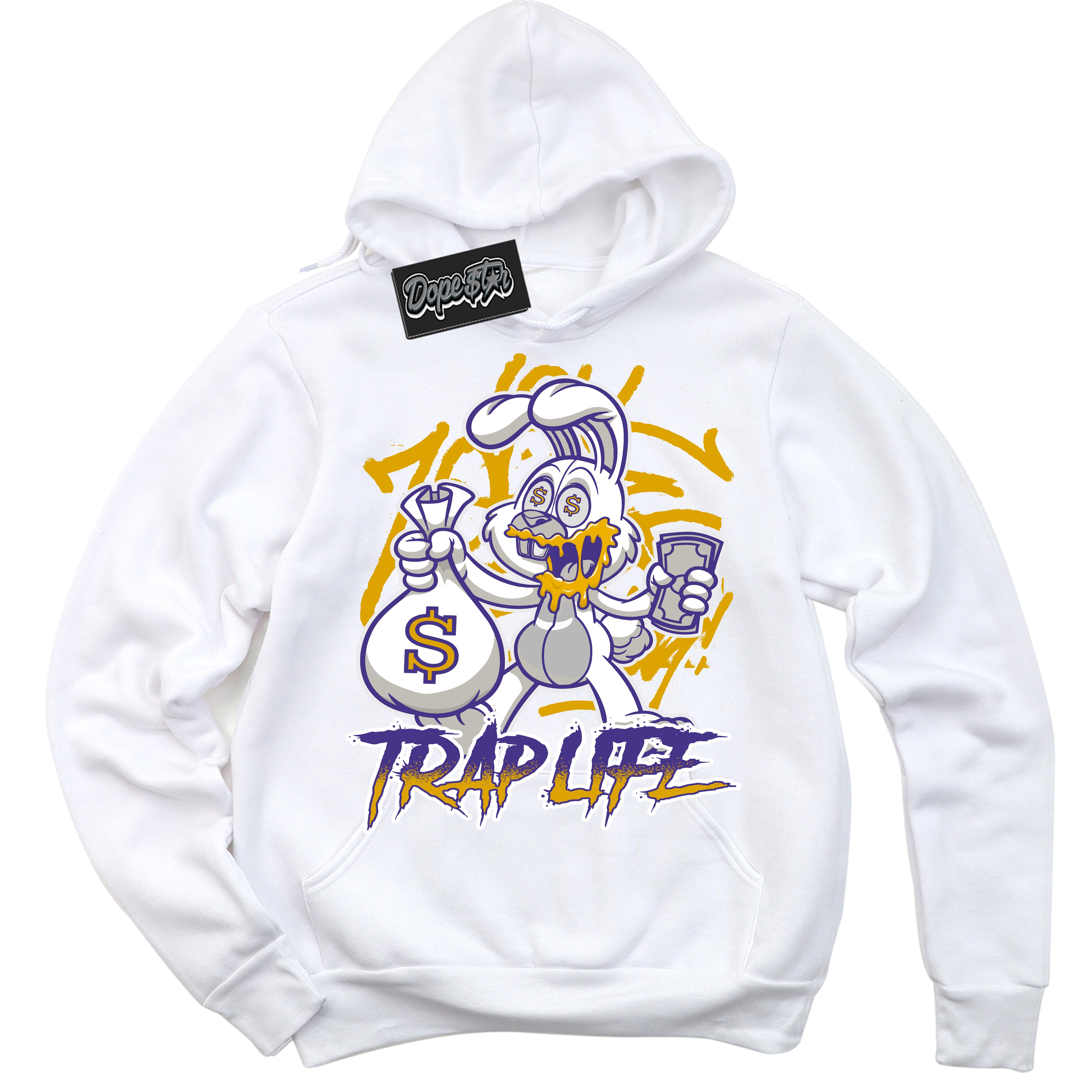 Cool White Hoodie with “Trap Rabbit” design that Perfectly Matches Air Force 1 QS Kobe Lakers Home Sneakers.