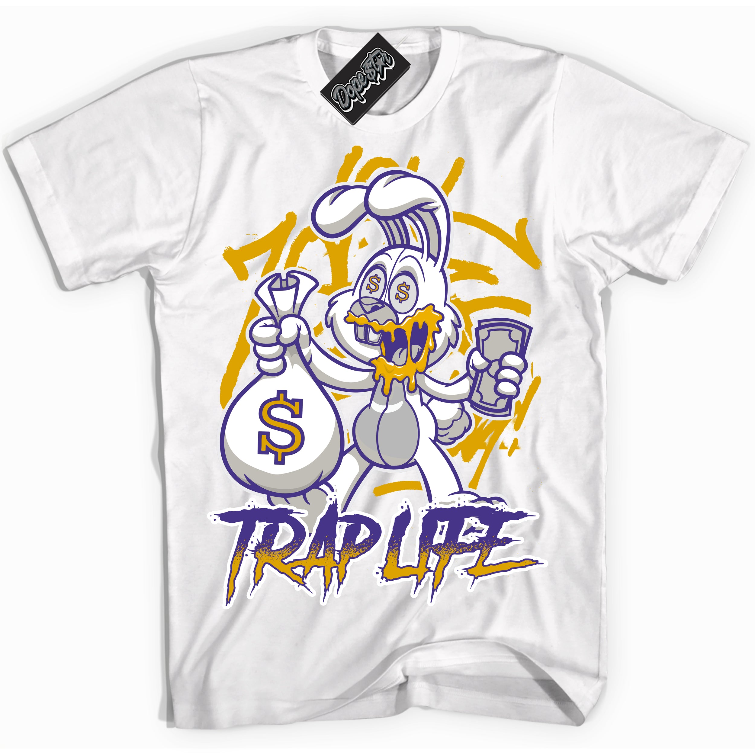 Cool White Shirt with “Trap Rabbit” design that perfectly matches the Air Force 1 QS Kobe Lakers Home Sneakers.