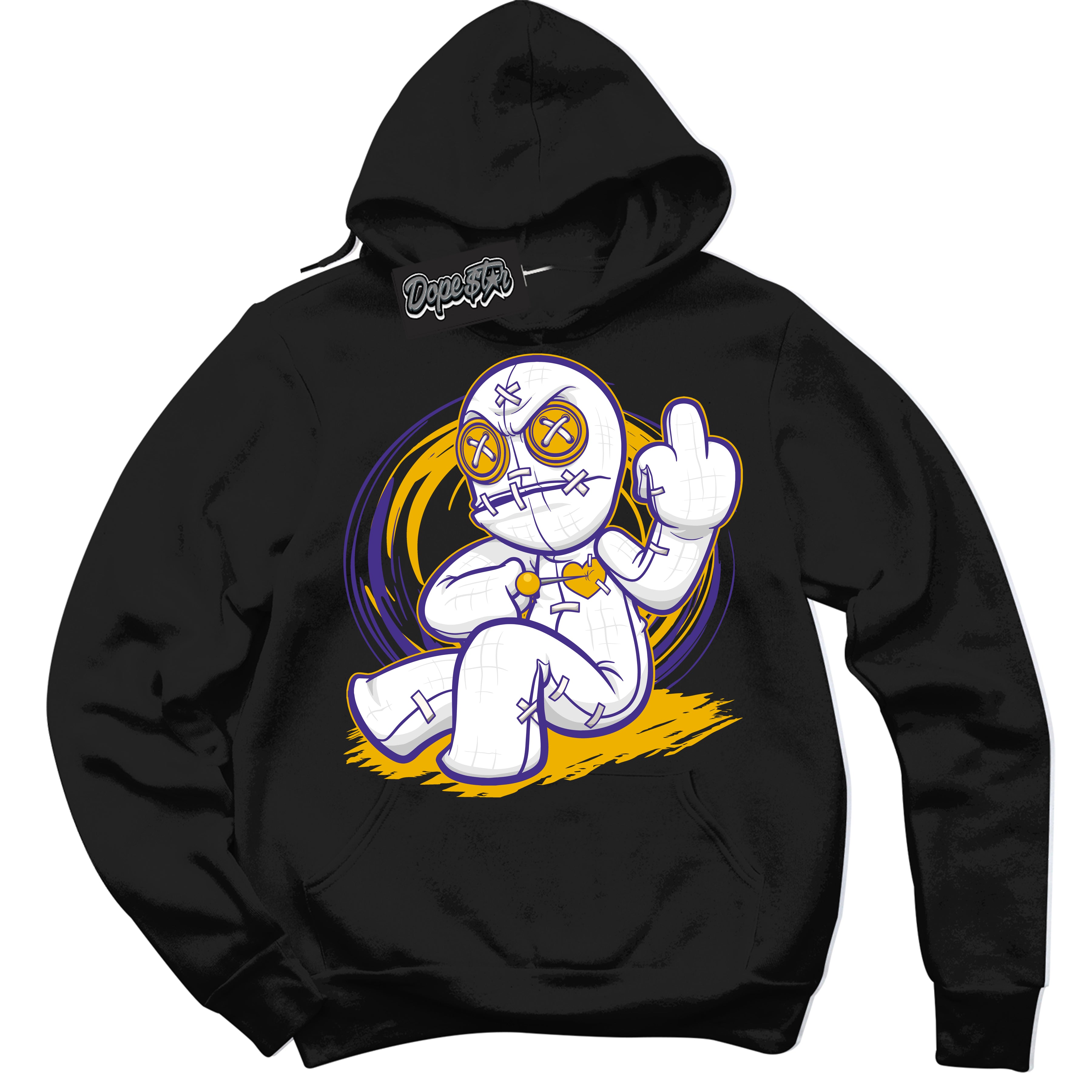 Cool Black Hoodie with “Voodoo Doll” design that Perfectly Matches Air Force 1 QS Kobe Lakers Home Sneakers.