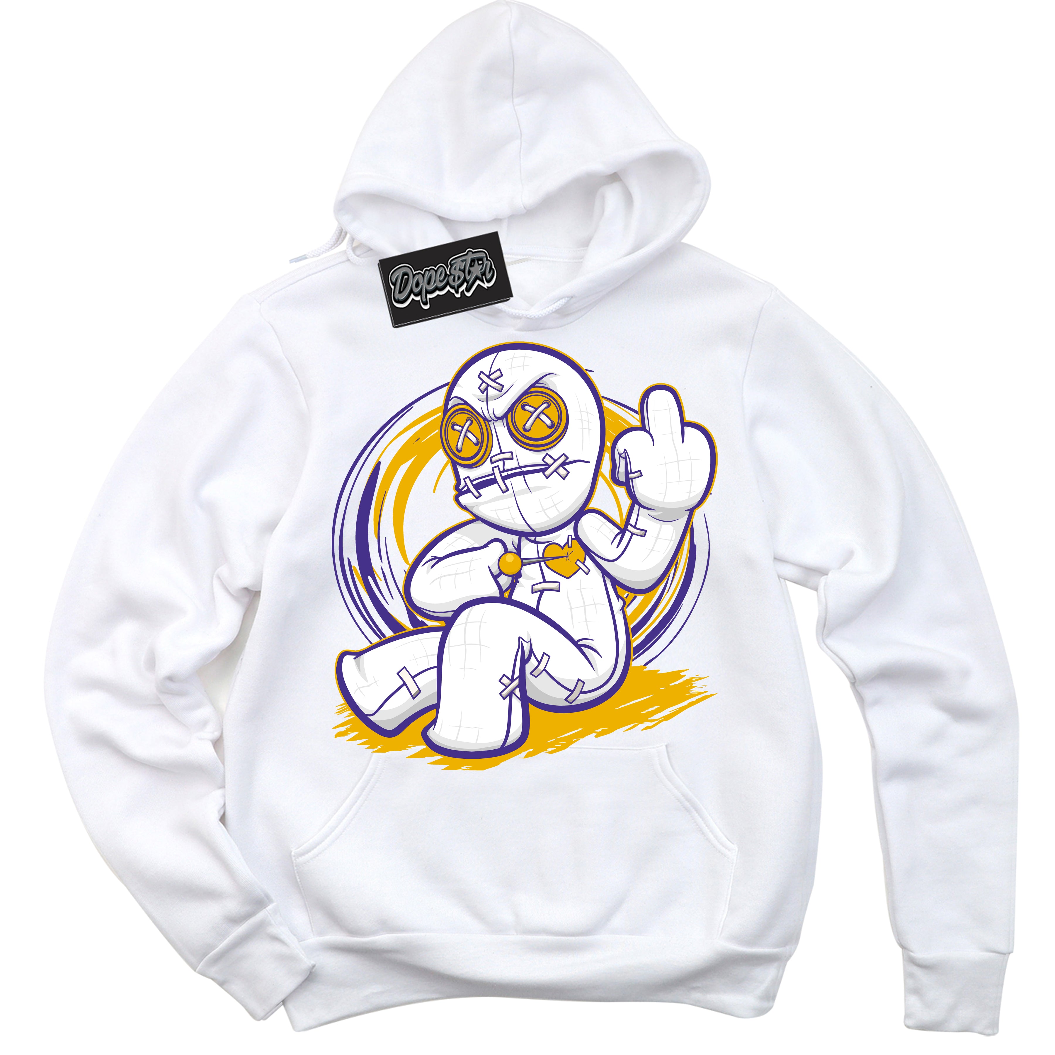 Cool White Hoodie with “Voodoo Doll” design that Perfectly Matches Air Force 1 QS Kobe Lakers Home Sneakers.